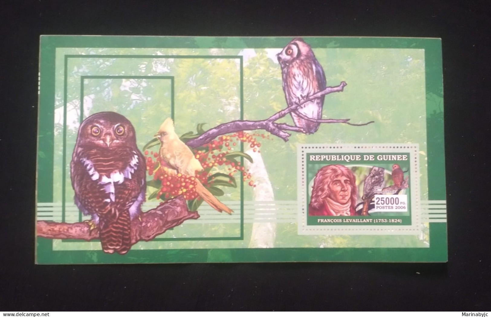 D)2006, REPUBLIC OF GUINEA, MIONI SHEET, ISSUE, ORNITHOLOGISTS AND BIRDS, FRANÇOIS LEVAILLANT, 1753-1824 - BUBO AFRICANU - Guinea (1958-...)