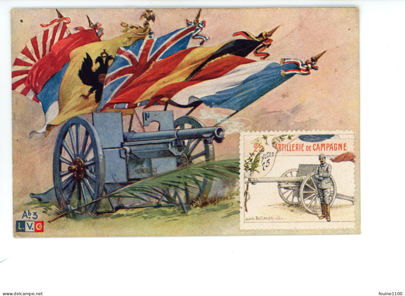 Carte Patriotique ( Drapeaux Drapeau Canon De 75 ) + Timbre Militaire 29e Artillerie De Campagne ( Camille Bellanger ) - Patrióticos