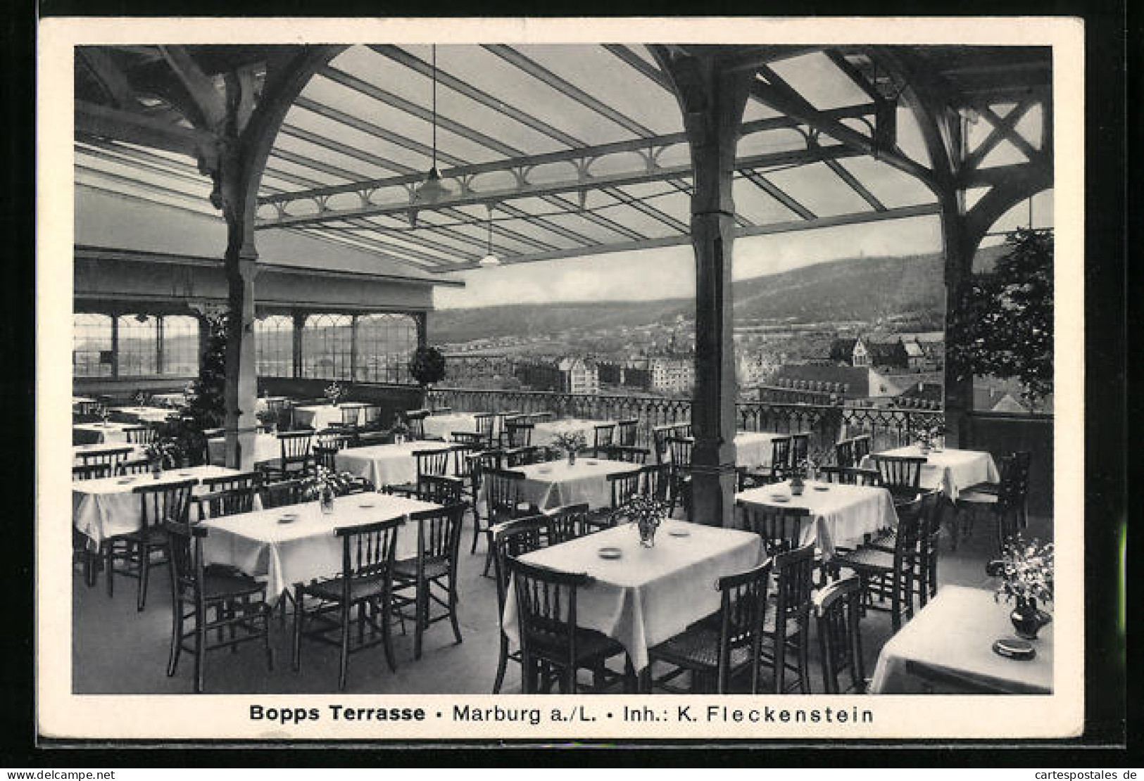 AK Marburg /Lahn, Gaststätte Bopps Terrasse, Innenansicht Mit Stadtblick  - Marburg