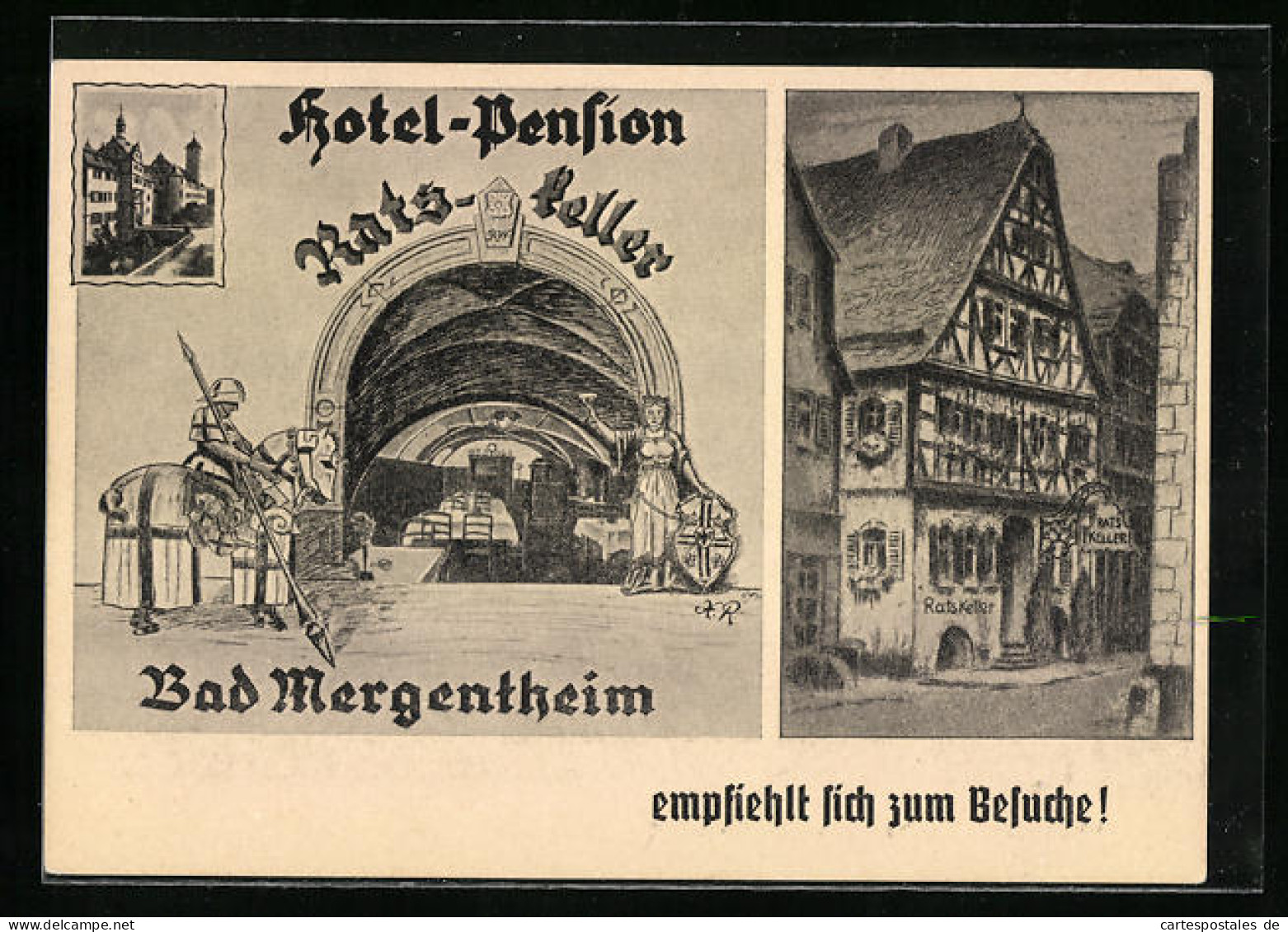 Künstler-AK Bad Mergentheim, Hotel-Pension Ratskeller, Gebäudeansicht, Innenansicht, Ritter Und Burgfräulein  - Bad Mergentheim