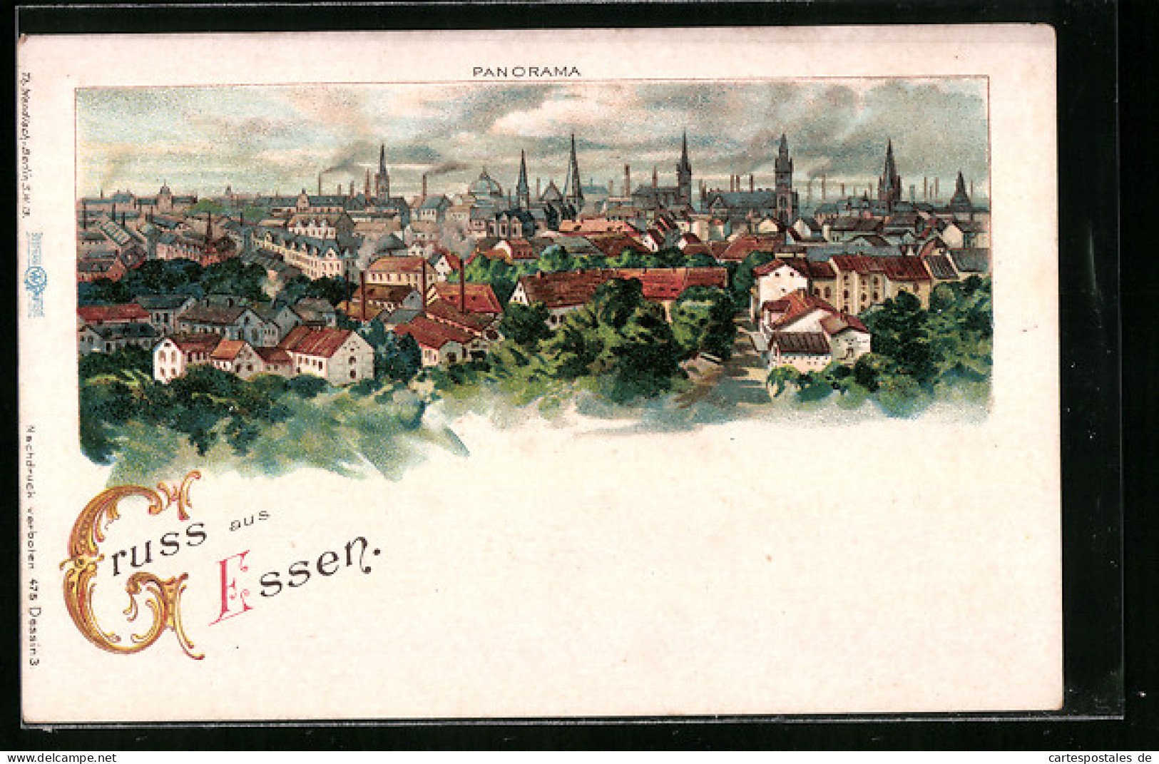 Lithographie Essen, Panoramaansicht Der Stadt  - Essen