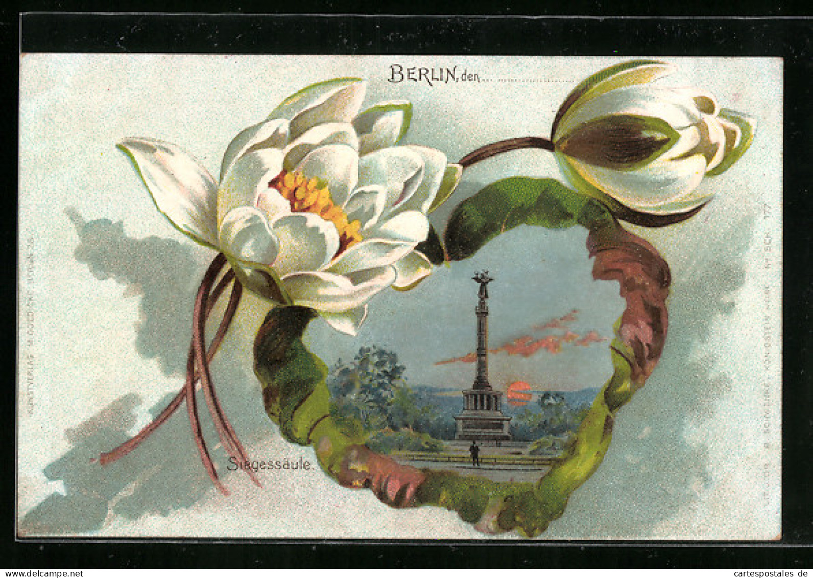 Lithographie Berlin, Siegessäule In Einem Herz Umringt Von Weissen Blumen  - Tiergarten