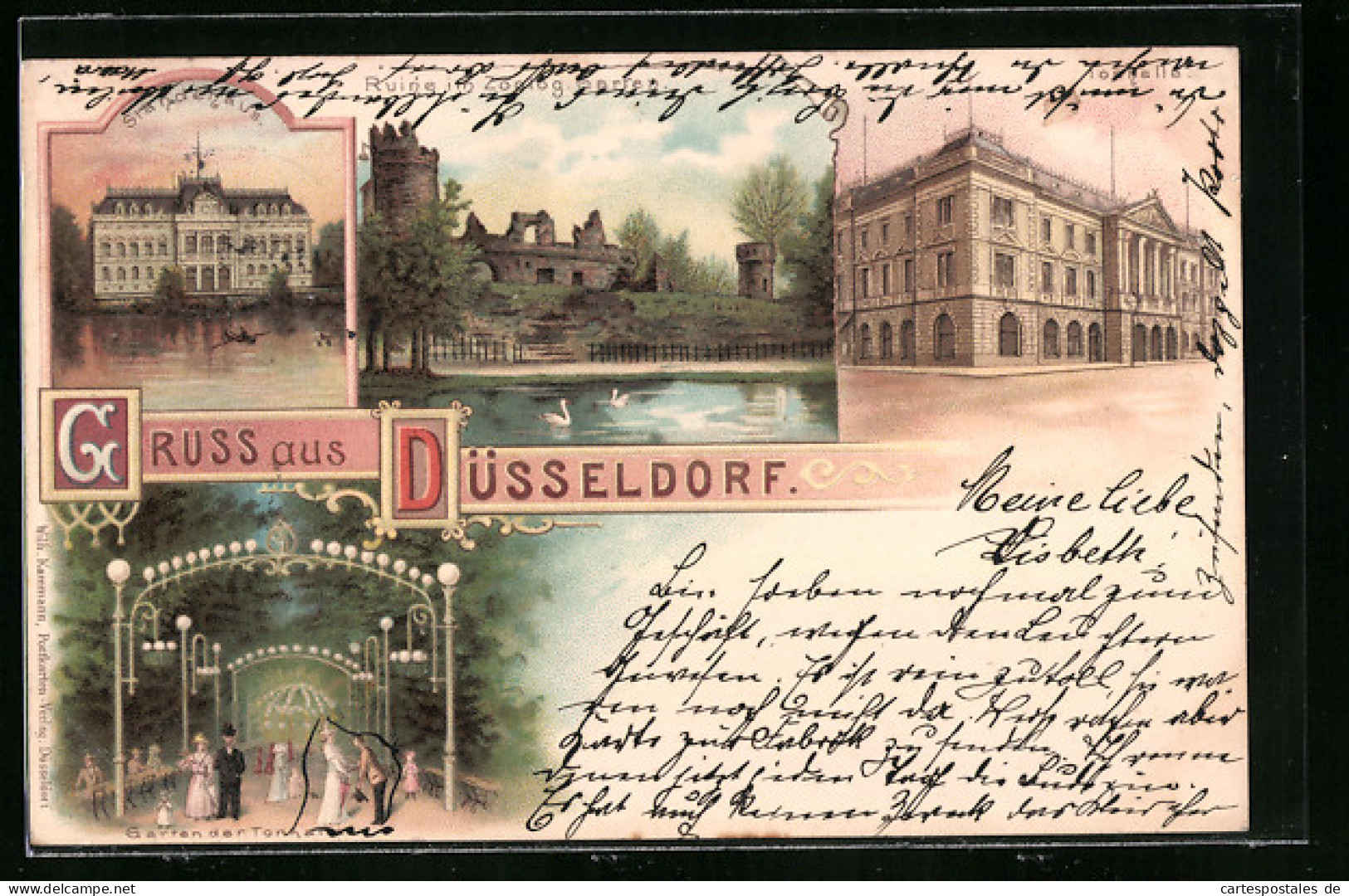 Lithographie Düsseldorf, Ruine Im Zoolog. Garten, Ständehaus Und Tonhalle  - Duesseldorf