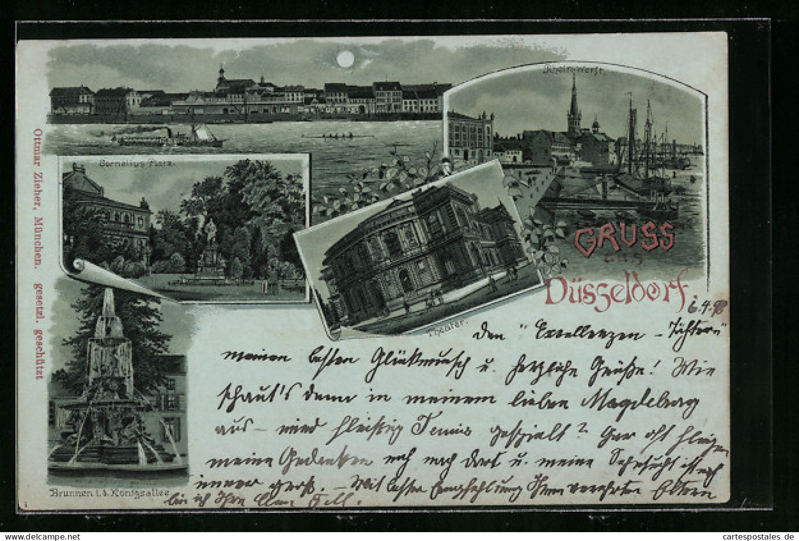 Mondschein-Lithographie Düsseldorf, Theater, Rhein-Werft Und Cornelius-Platz Im Vollmondlicht  - Teatro