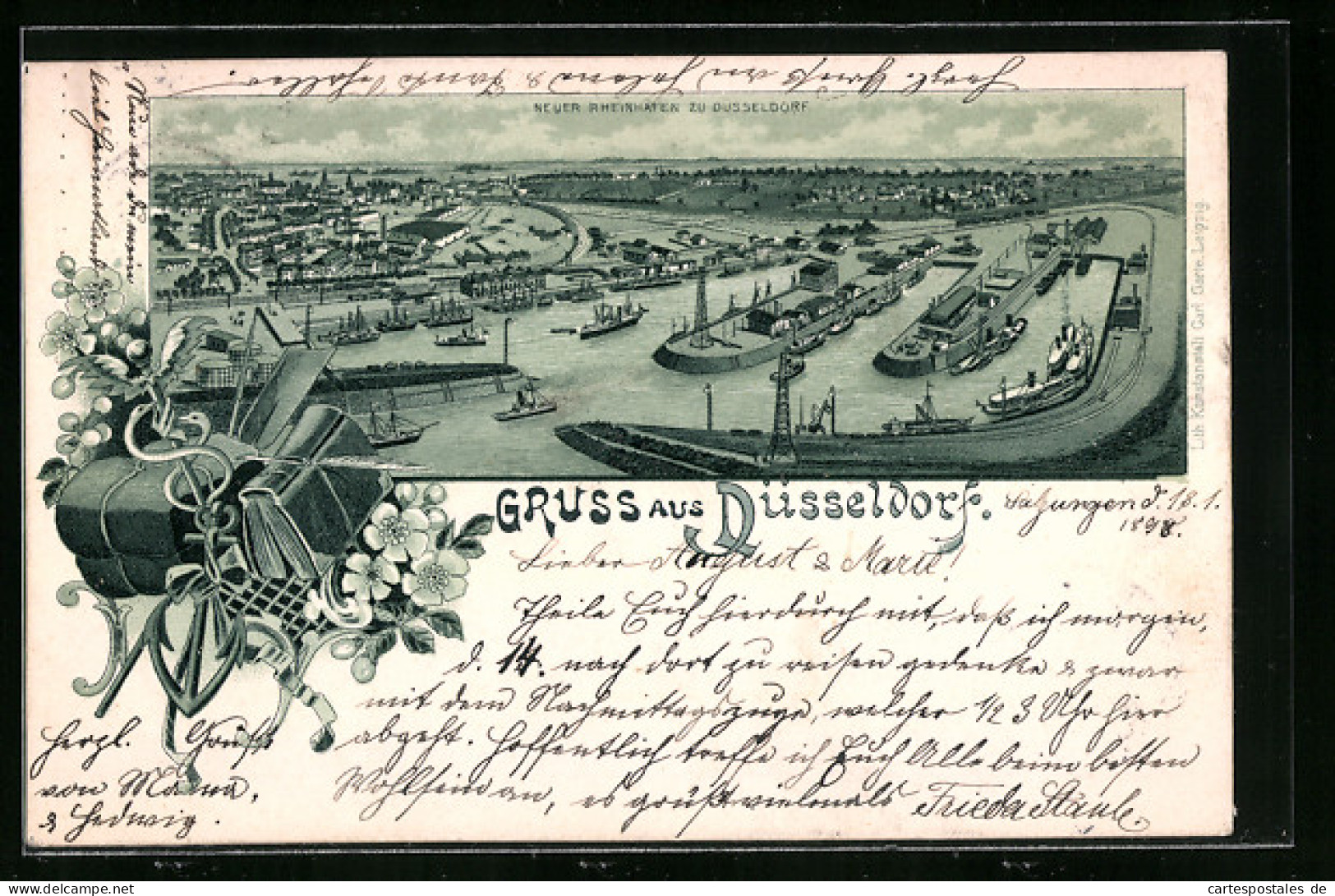 Lithographie Düsseldorf, Neuer Rheinhafen Aus Der Vogelschau  - Duesseldorf