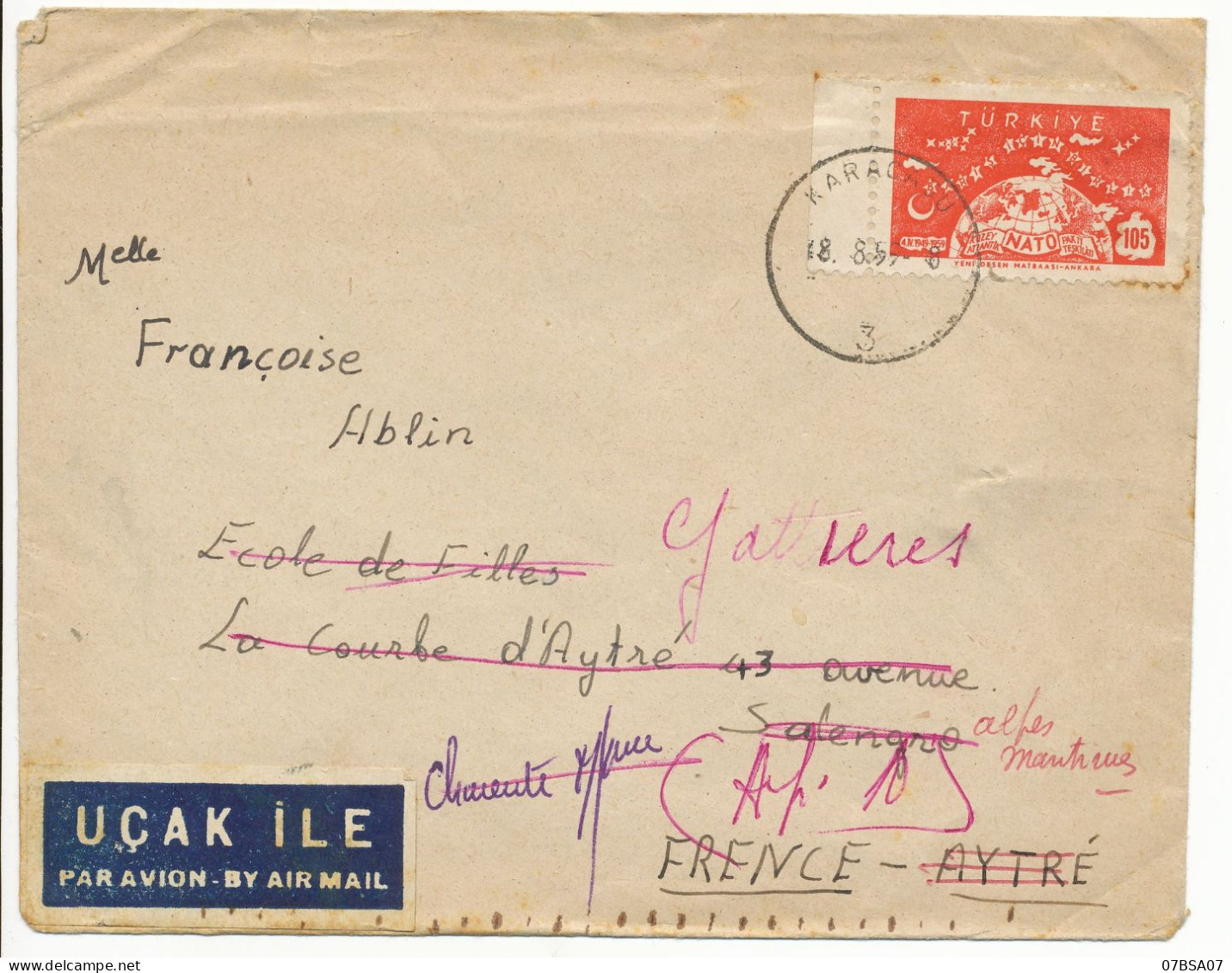 TURQUIE ENV 1959 CARACASU ETIQUETTE AVION UCAK ILE PAR AVION BAIL AIR MAIL LETTRE AVION => FRANCE - Storia Postale