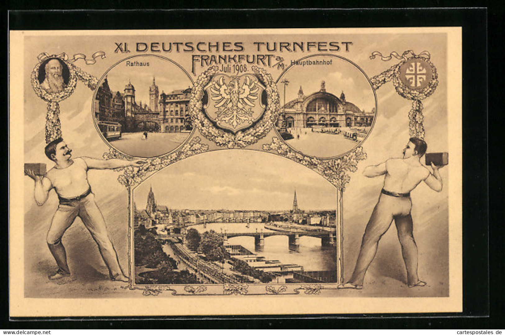 Künstler-AK Frankfurt A. M., XI. Deutsches Turnfest 1908, Rathaus, Hauptbahnhof  - Other & Unclassified