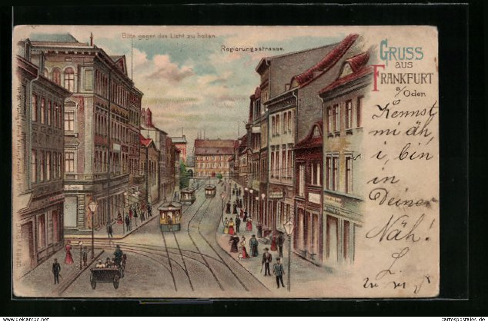 Lithographie Frankfurt A. Oder, Regierungsstrasse Mit Strassenbahn, Halt Gegen Das Licht Mit Leuchtenden Laternen  - Frankfurt A. D. Oder