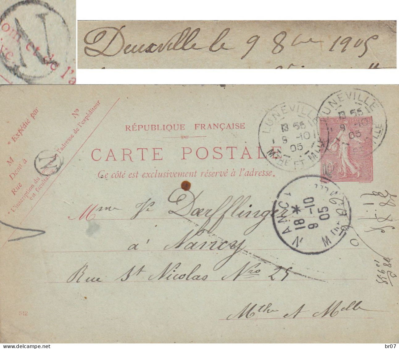 BOITE RURALE MEURTHE ET MOSELLE ENTIER POSTAL CP 10C SEMEUSE LIGNEE 1905 LUNEVILLE + BOITE RURALE N = DEUXVILLE - 1877-1920: Periodo Semi Moderno