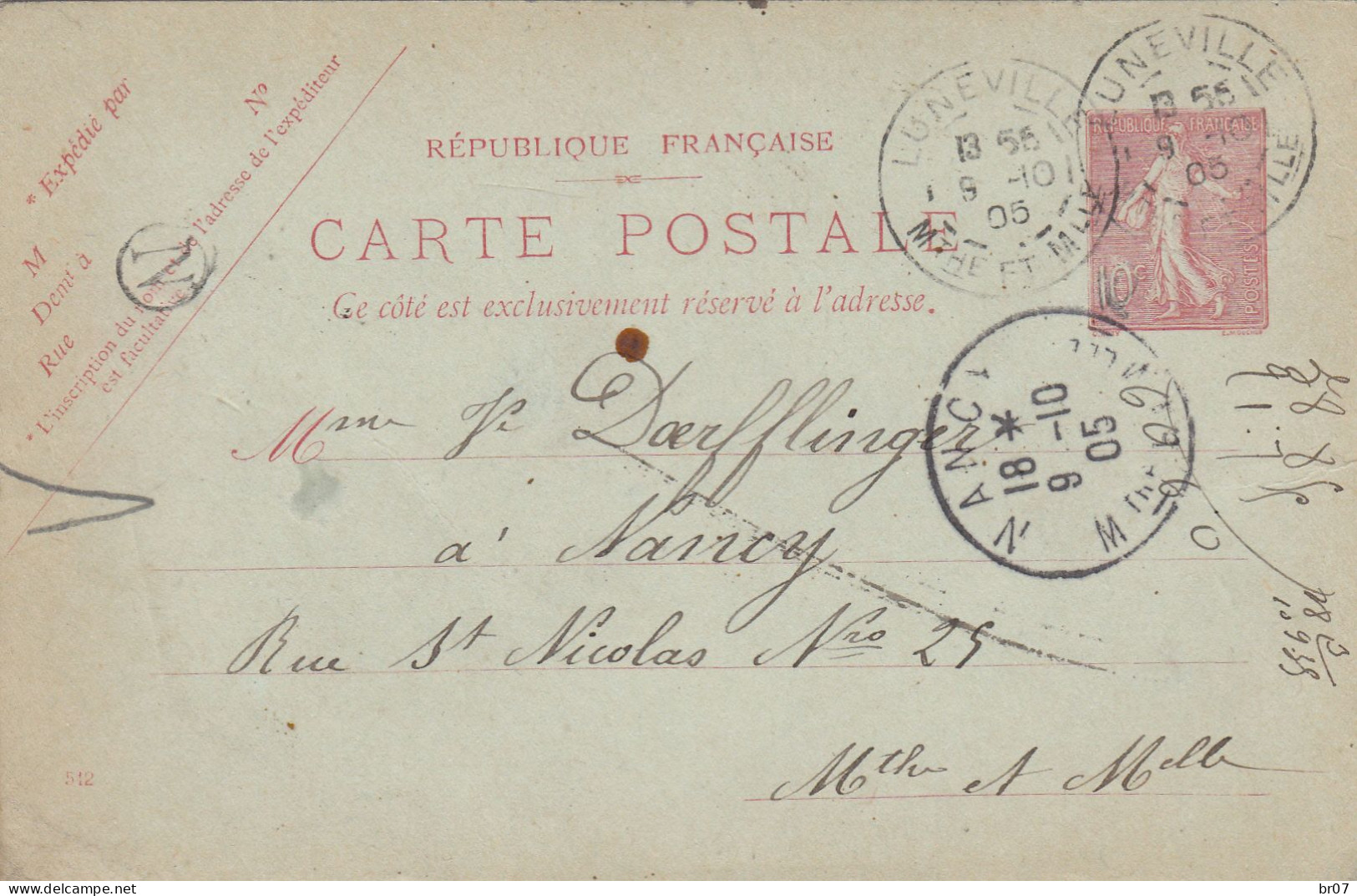 BOITE RURALE MEURTHE ET MOSELLE ENTIER POSTAL CP 10C SEMEUSE LIGNEE 1905 LUNEVILLE + BOITE RURALE N = DEUXVILLE - 1877-1920: Periodo Semi Moderno