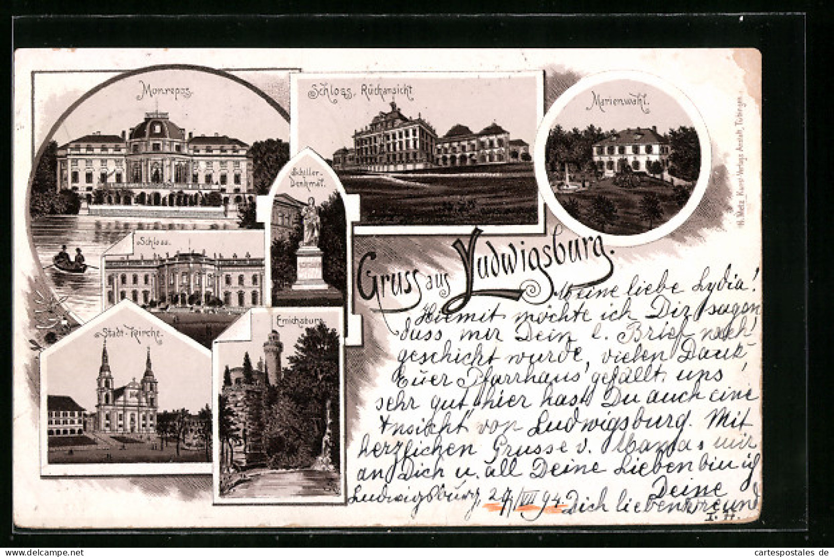 Vorläufer-Lithographie Ludwigsburg, 1894, Schloss Rückansicht, Monrepos, Marienwahl  - Ludwigsburg