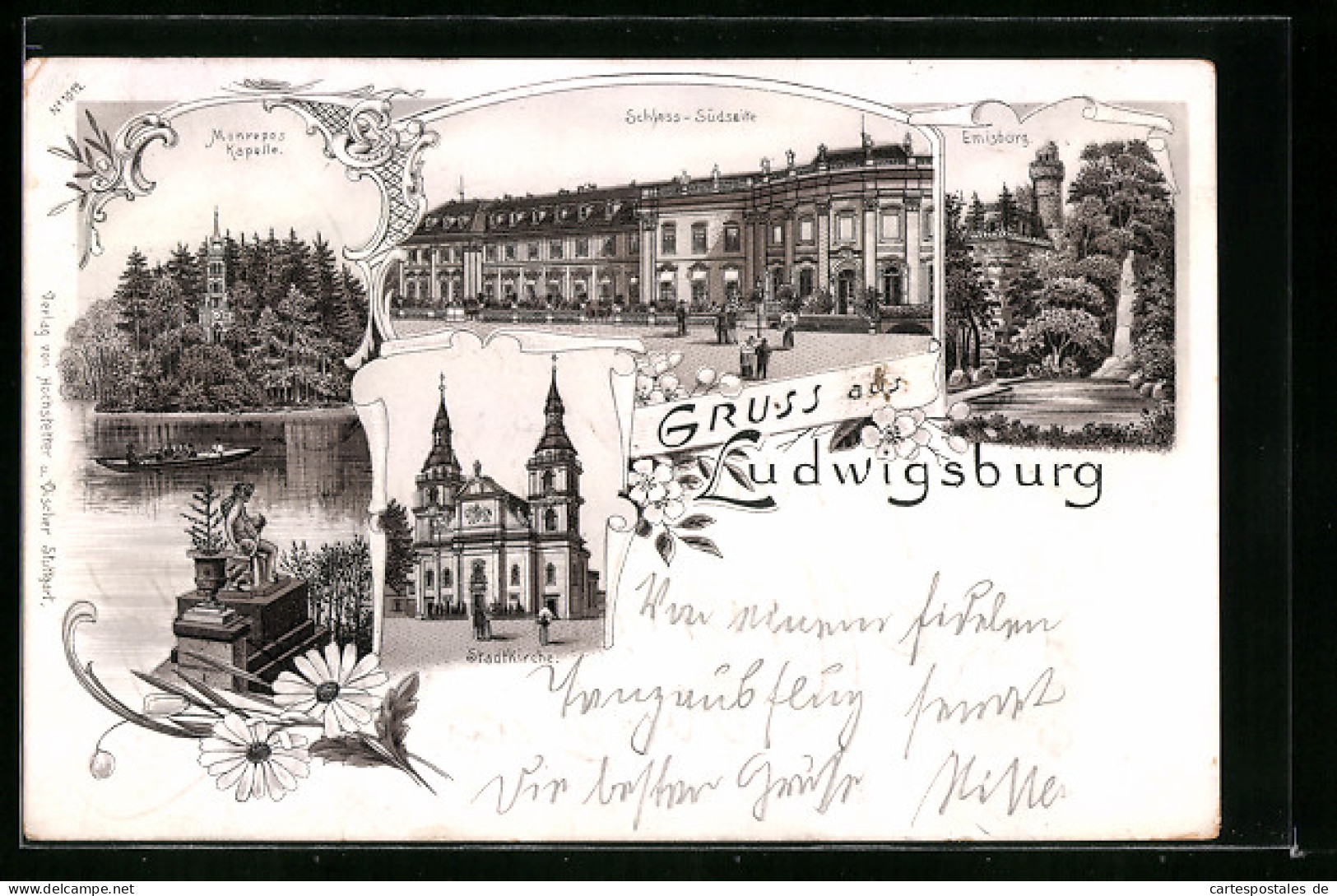 Lithographie Ludwigsburg, Schloss-Südseite, Monrepos Kapelle, Emisburg  - Ludwigsburg