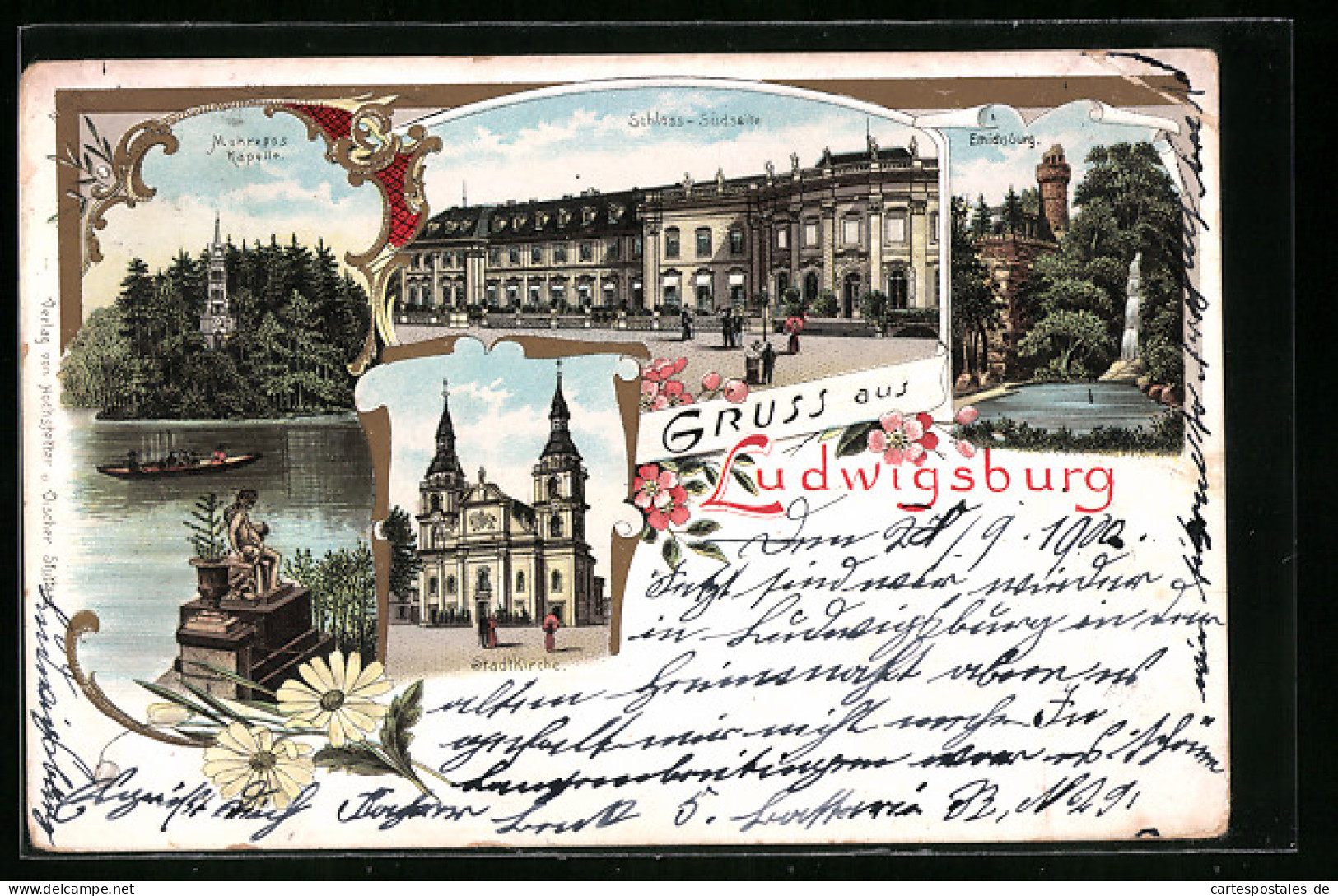 Lithographie Ludwigsburg, Schloss-Südseite, Stadtkirche, Emichsburg  - Ludwigsburg