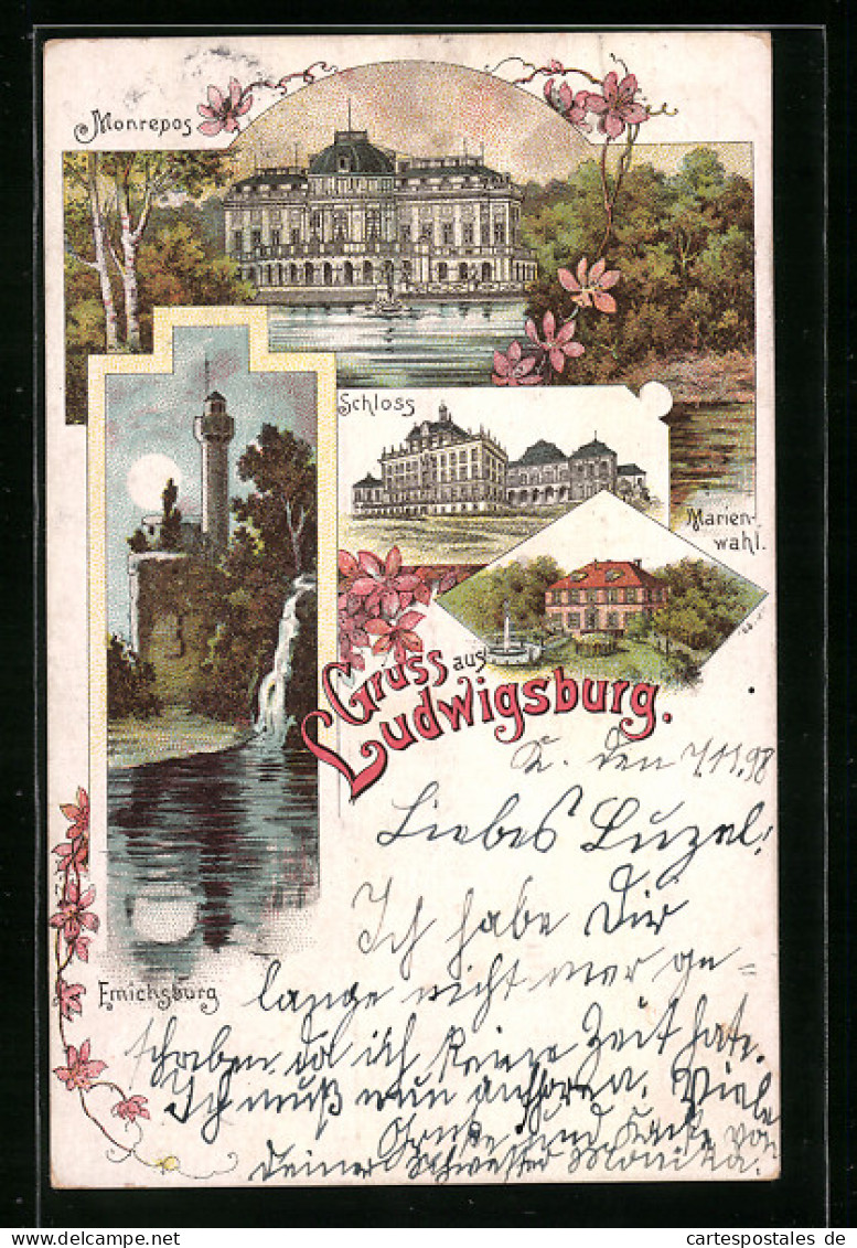 Lithographie Ludwigsburg, Emichsburg Bei Vollmond, Marienwahl, Monrepos  - Ludwigsburg