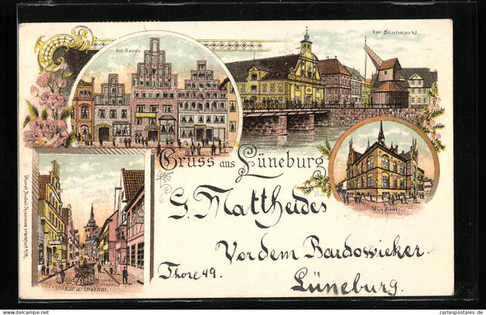 Lithographie Lüneburg, Strassenpartie In Der Altstadt, Am Sande, Museum  - Lüneburg