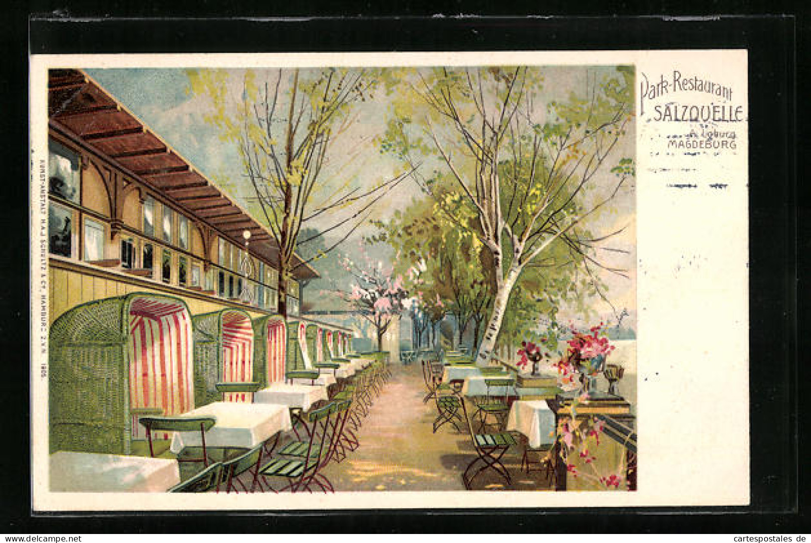 Lithographie Magdeburg, Park-Restaurant Salzquelle  - Magdeburg