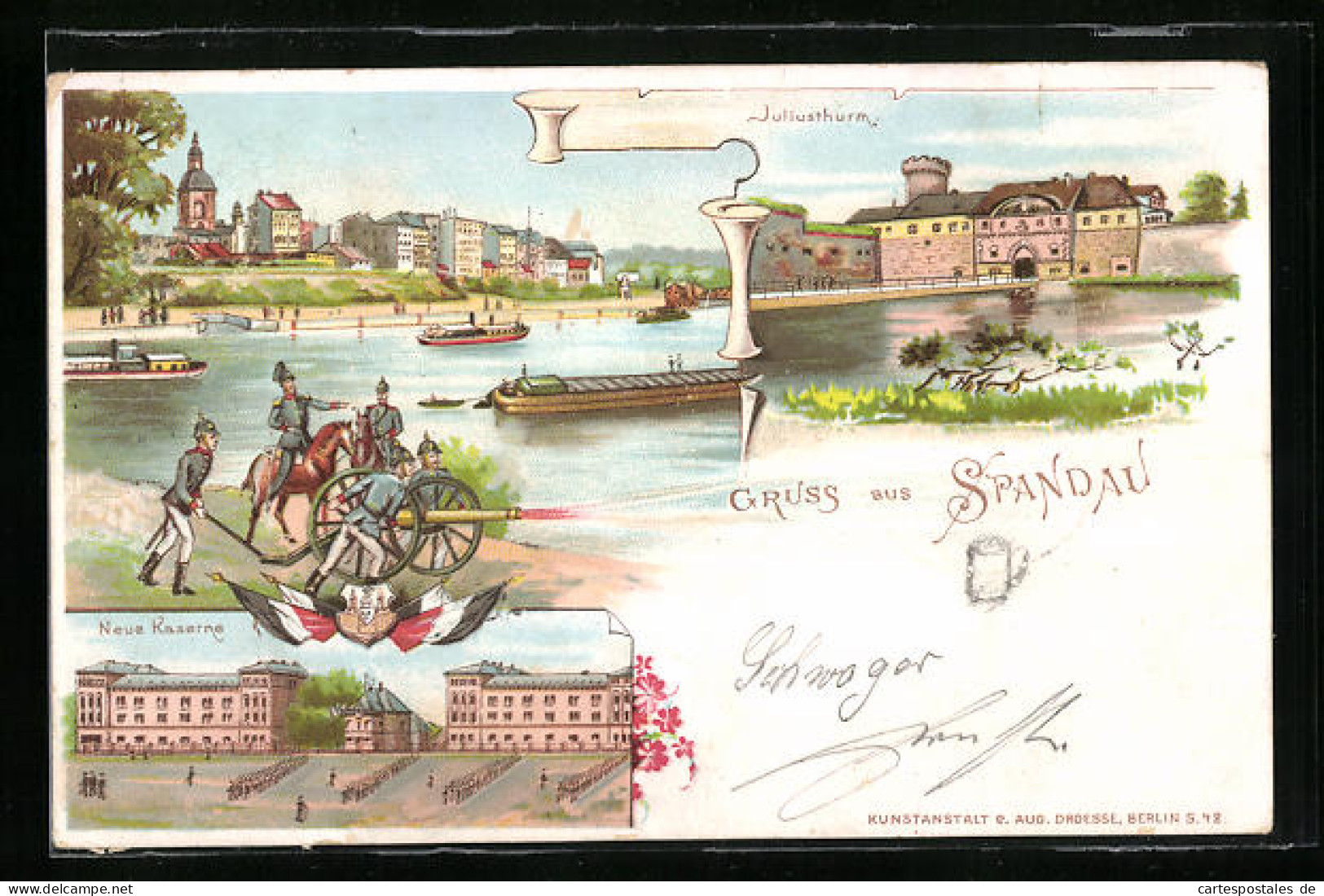 Lithographie Berlin-Spandau, Juliusthurm, Panorama Hinter Der Havel, Neue Kaserne  - Spandau