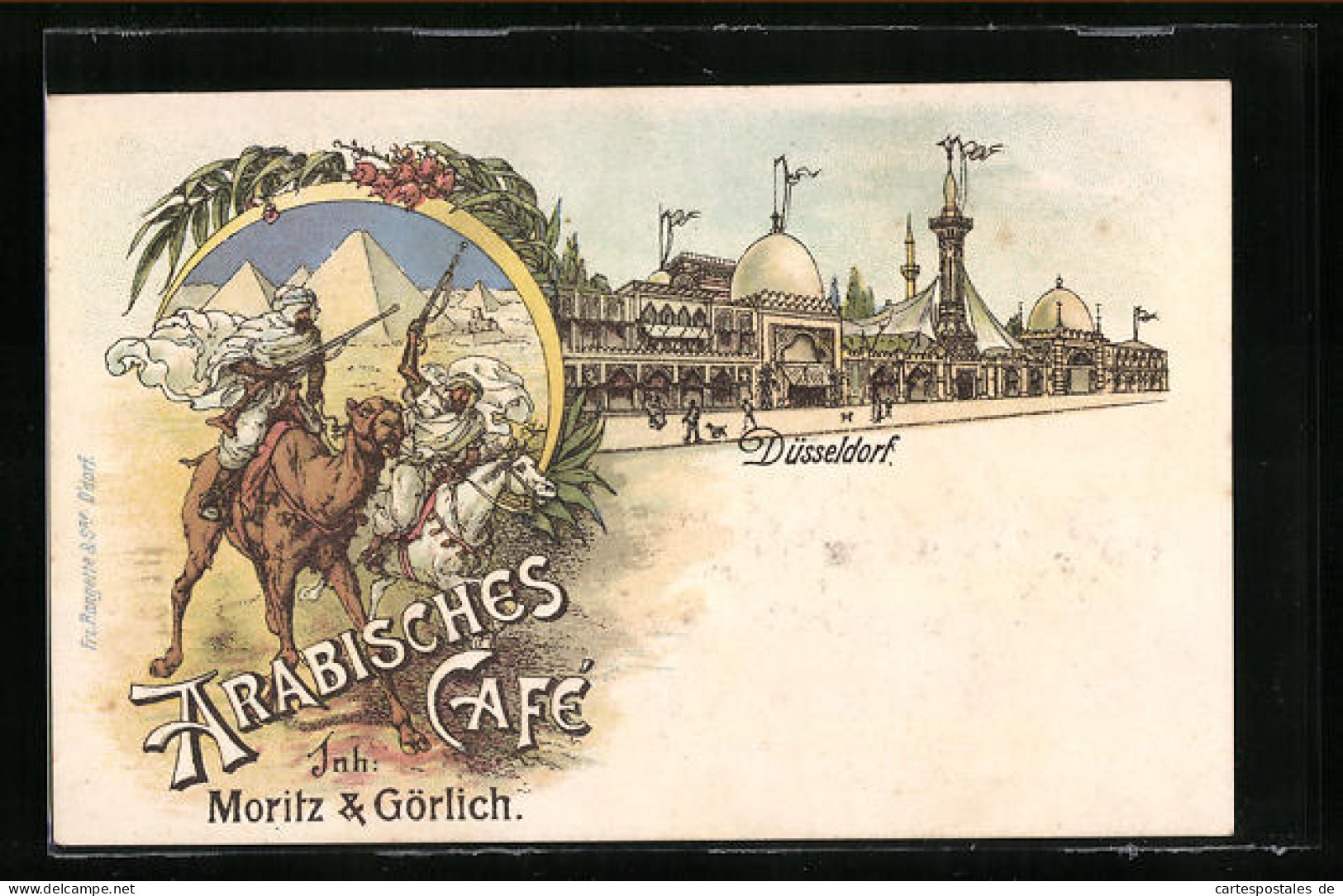 Lithographie Düsseldorf, Arabisches Cafe - Gebäude, Arabische Krieger Auf Kamel Und Pferd  - Düsseldorf