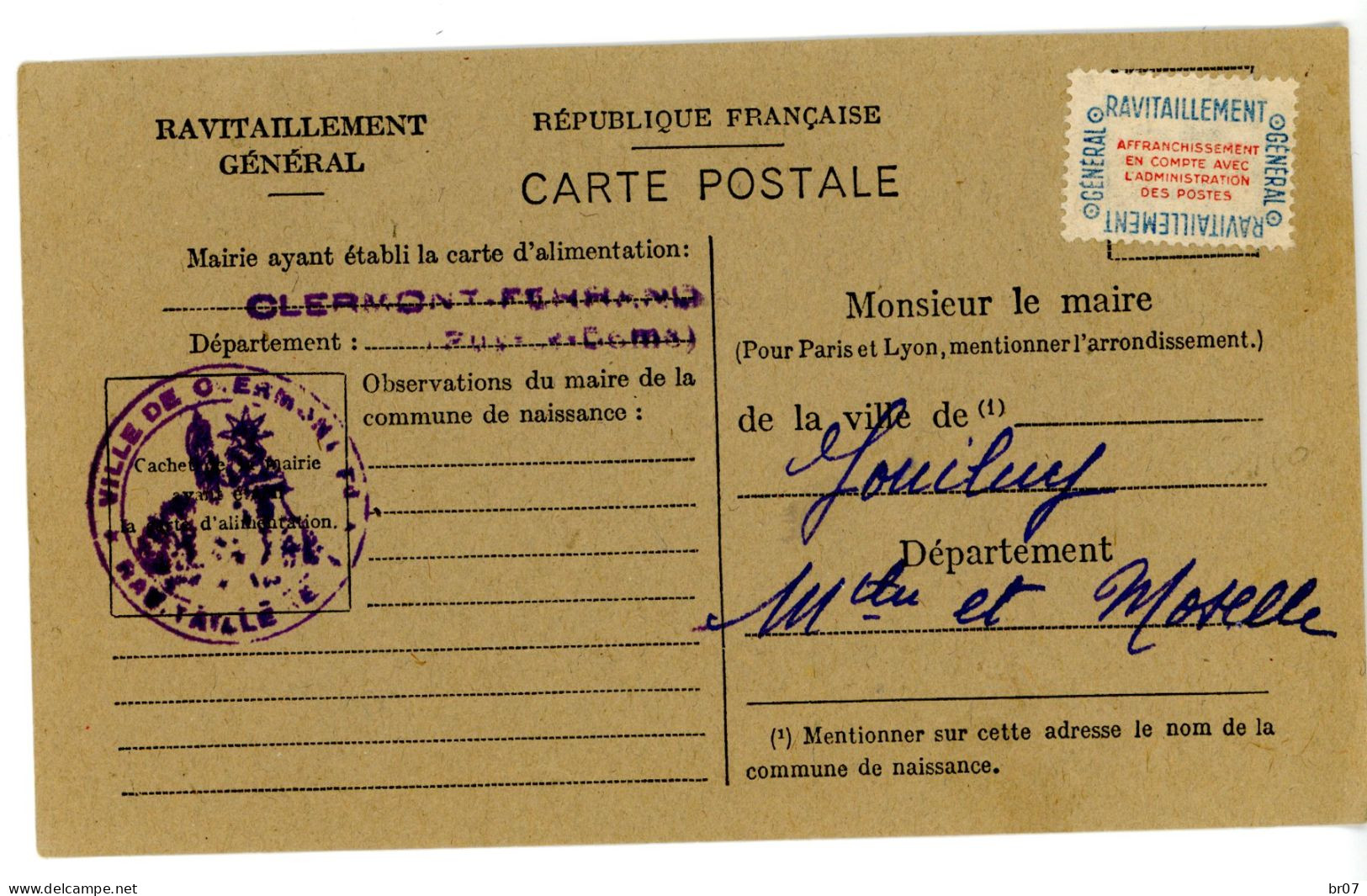 PUY DE DOME CP RAVITAILLEMENT 1946 CLERMONT FERRAND - Oorlog 1939-45