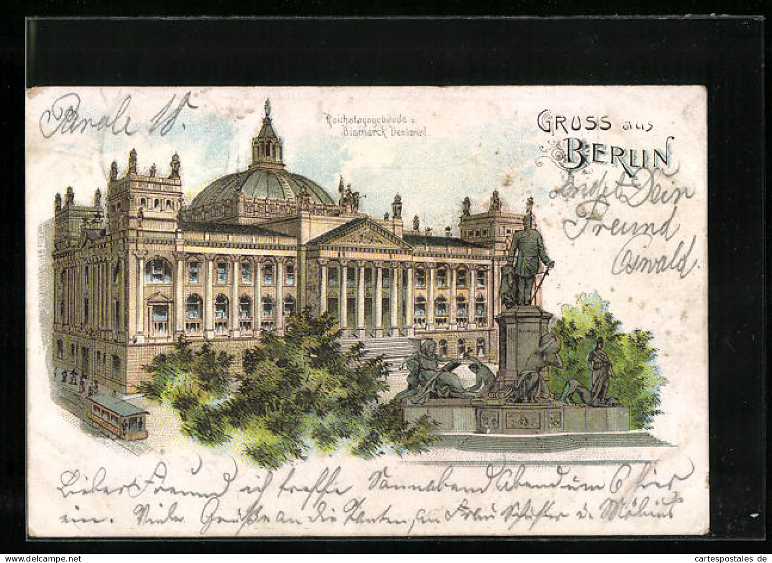 Lithographie Berlin, Reichstagsgebäude U. Bismarck Denkmal  - Tiergarten