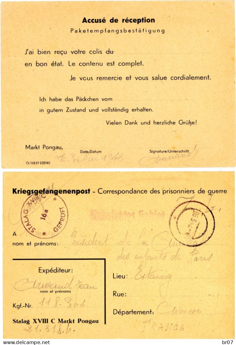 CAMP DE PRISONNIERS CPFM 1942 AVIS DE RECEPTION COLIS AU CAMP STALAG XVIIIC MARCKT PONGAU AUTRICHE (SALZBURG) - Storia Postale