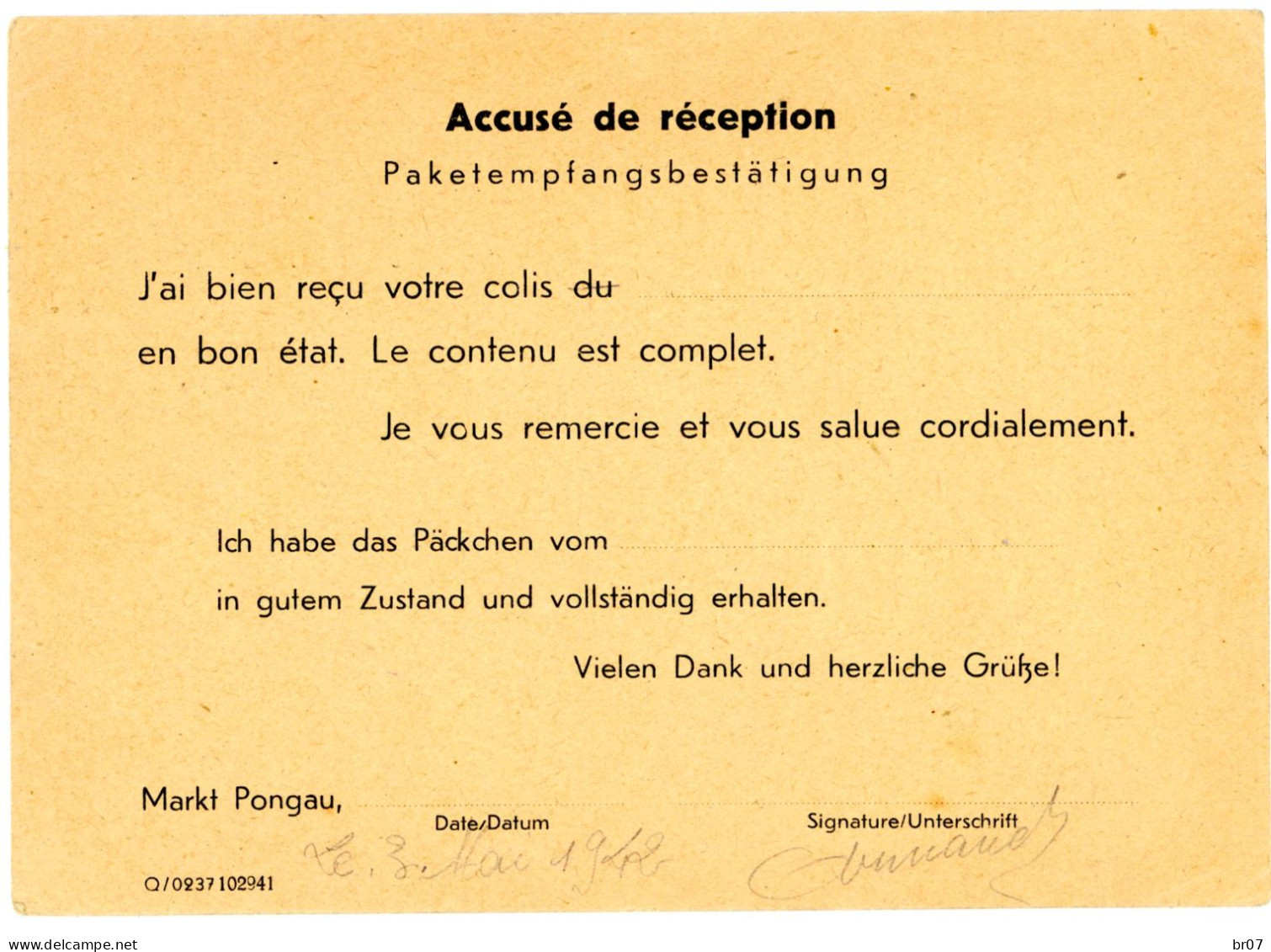 CAMP DE PRISONNIERS CPFM 1942 AVIS DE RECEPTION COLIS AU CAMP STALAG XVIIIC MARCKT PONGAU AUTRICHE (SALZBURG) - Cartas & Documentos