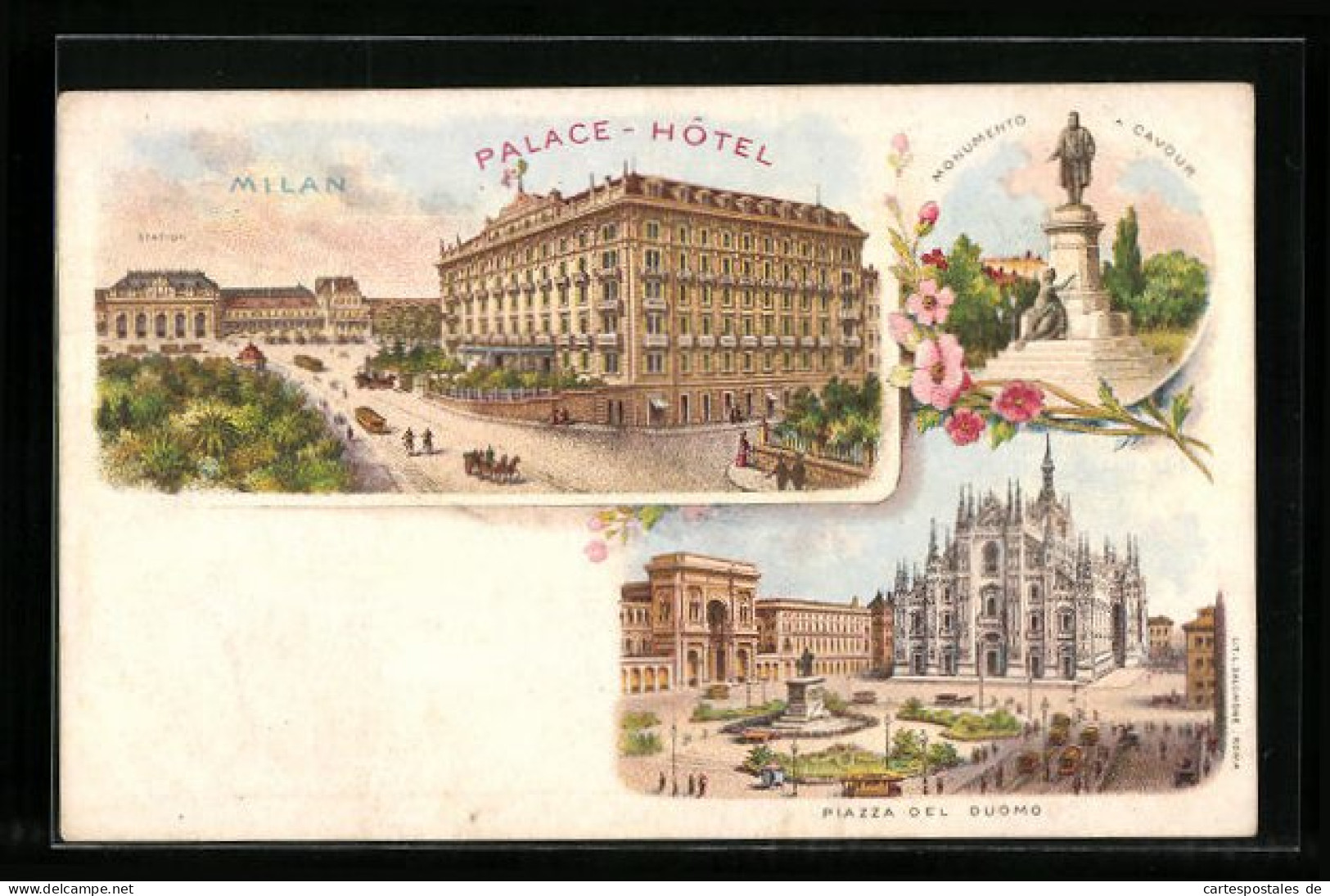Lithographie Milano, Palace-Hotel, Piazza Del Duomo, Monumento A Cavour  - Milano (Mailand)