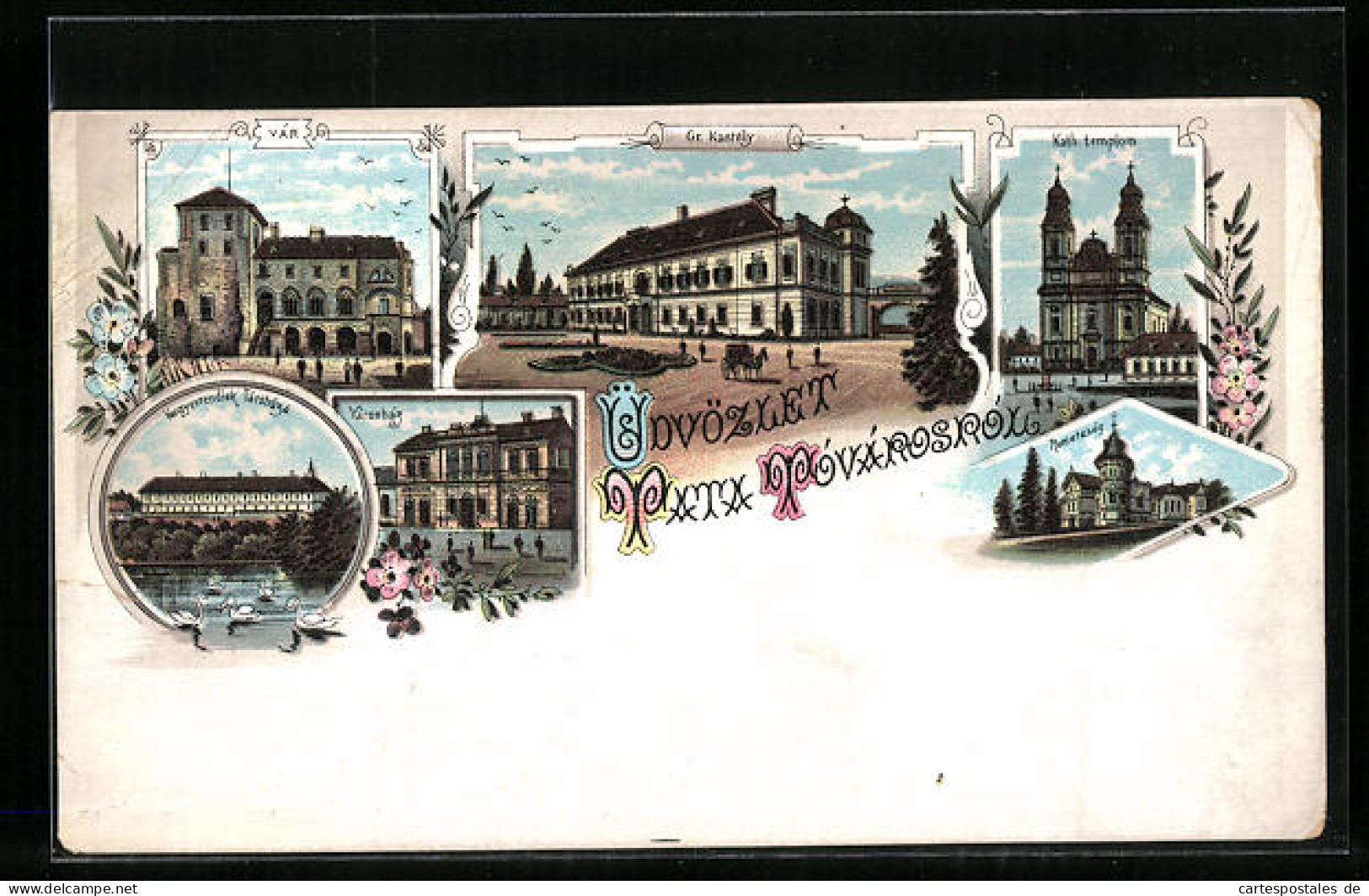 Lithographie Tata Tovaros, Gr. Kastely, Kath. Templom, Varoshaz  - Hongarije