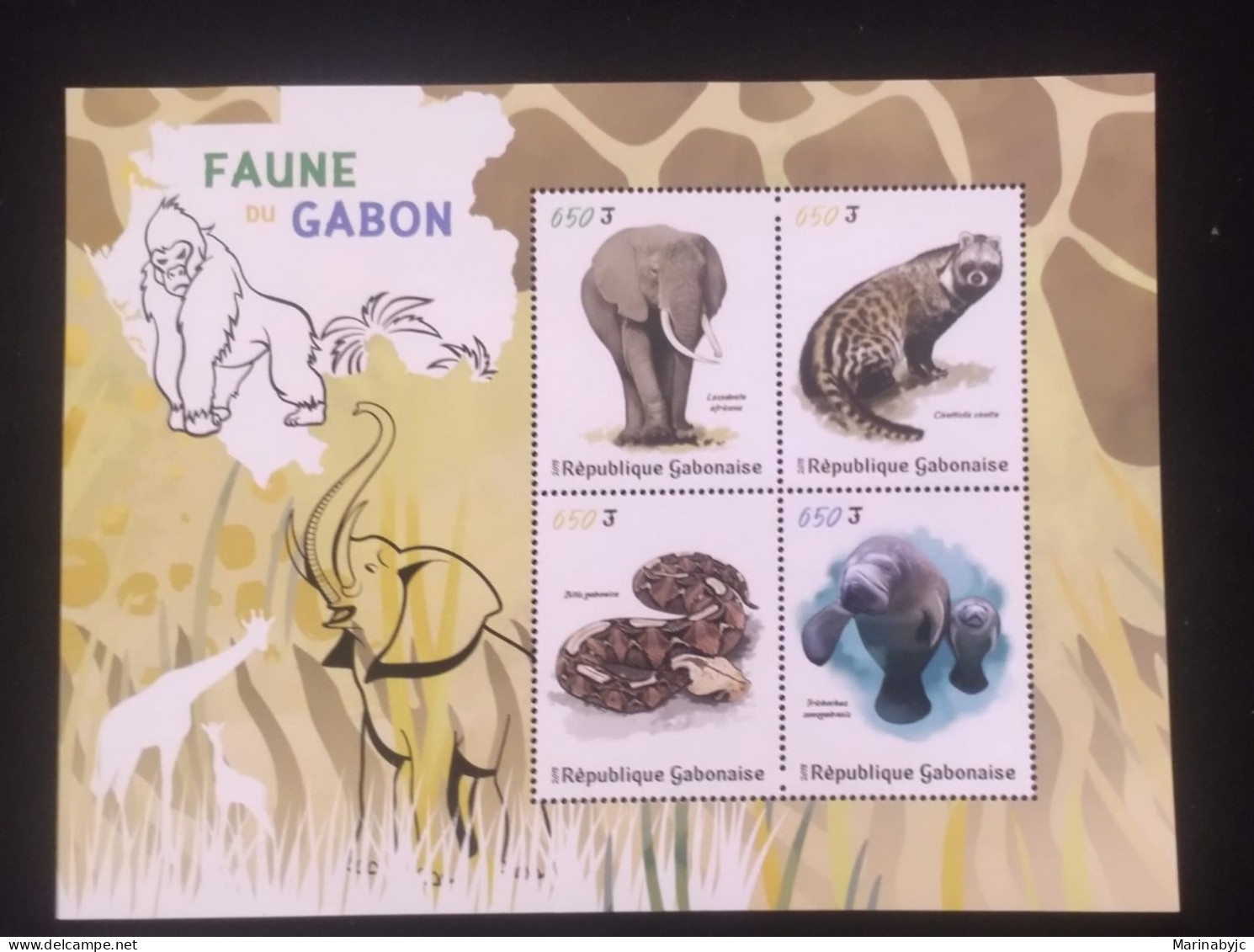 D)2018, GABON, MINI SOUVENIR SHEET, ISSUE WILDLIFE OF GABON, ELEPHANT, CIVET, BITIS GABONICA RHINOCEROS, MANATI, MNH - Gabón (1960-...)