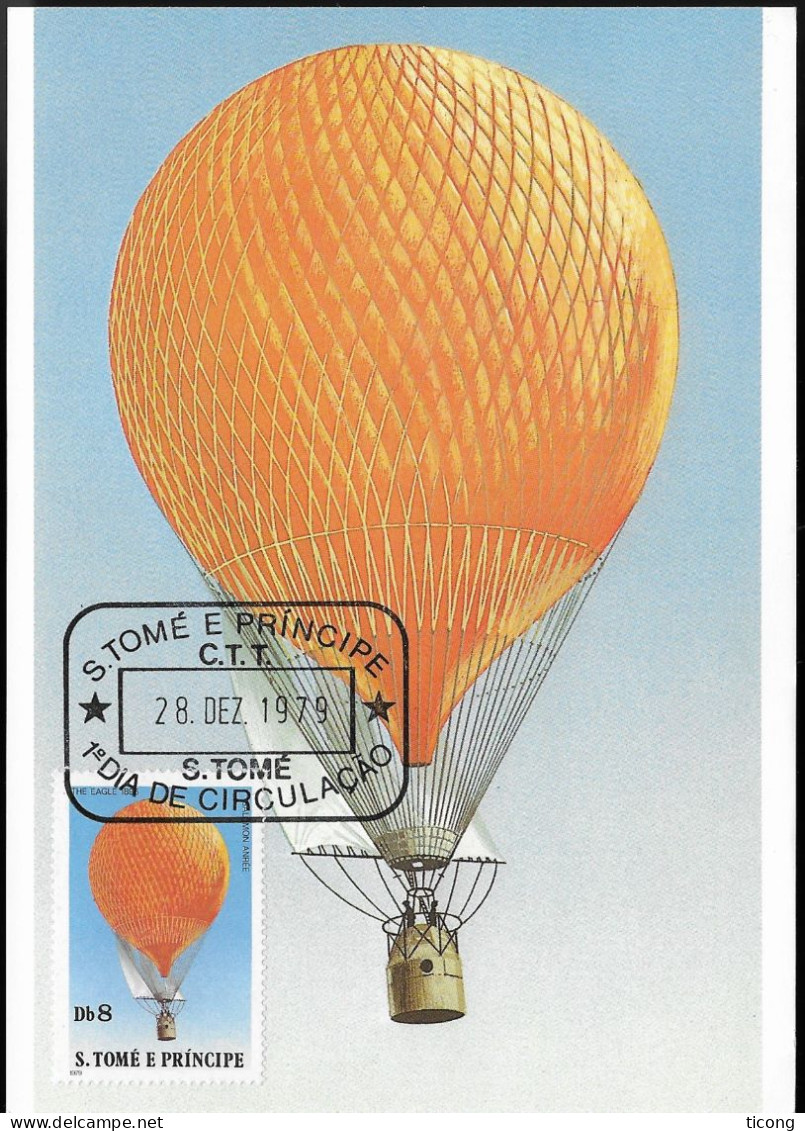 DIRIGEABLE DE SALOMON ANREE THE EAGLE 1896 - CARTE MAXIMUM 1ER JOUR DE SAO TOME ET PRINCIPE 1979, VOIR LE SCANNER - Fesselballons