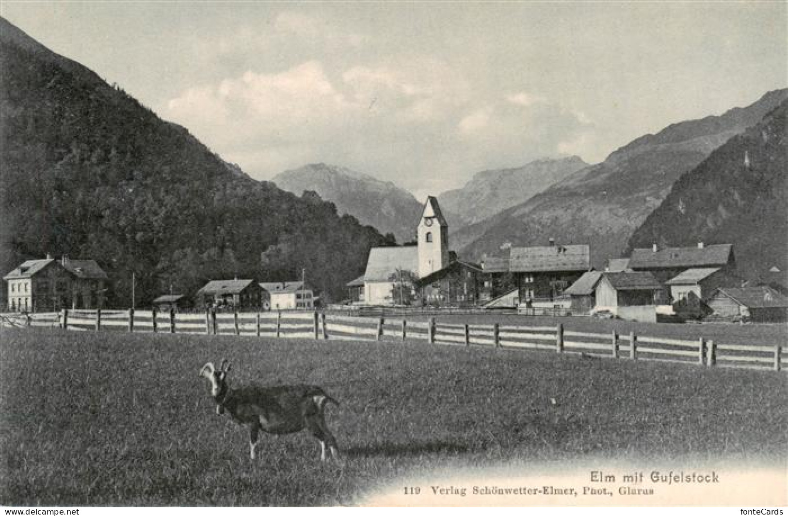 13863701 Elm  GL Ortsansicht Mit Kirche Blick Gegen Gufelstock Glarner Alpen  - Autres & Non Classés