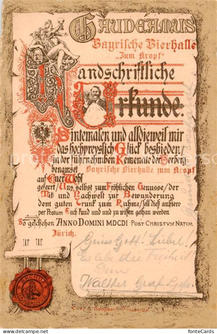 13854321 Zuerich ZH Handschriftliche Urkunde Gaudeamus Bayrische Bierhalle Zum K - Autres & Non Classés