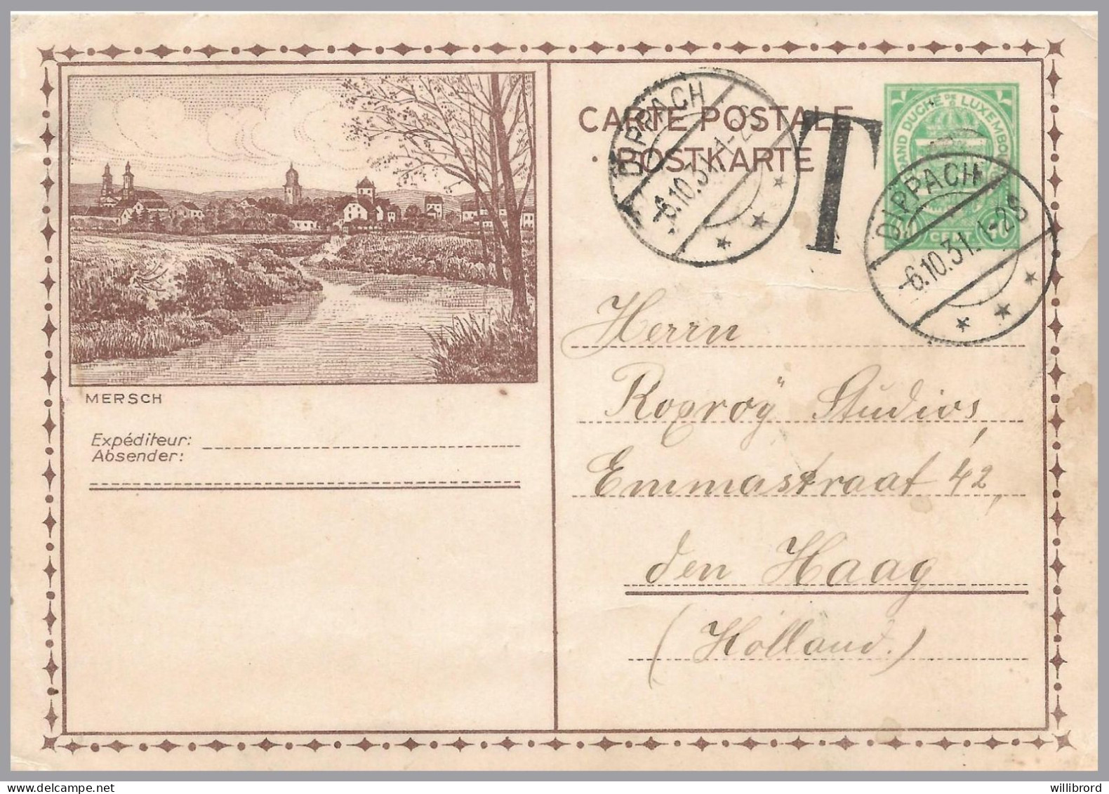 LUXEMBOURG - DIPPACH T-34 1931 - MERSCH View Arms Postal Stationery - Postage Due To Netherlands - Ganzsachen
