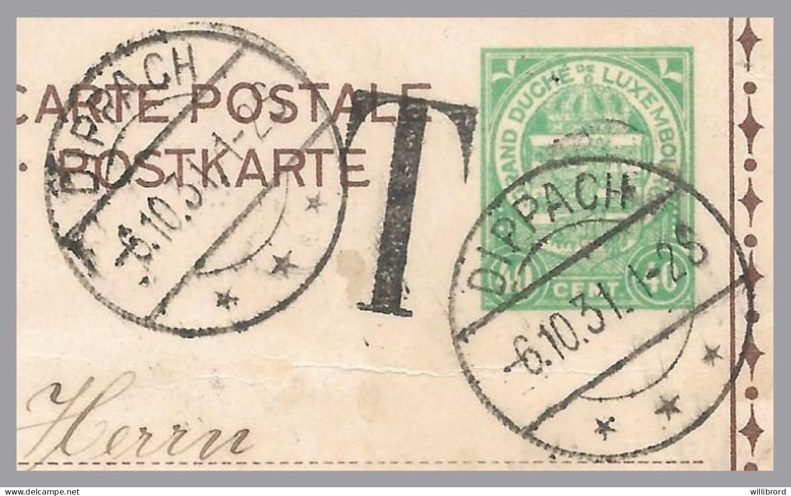 LUXEMBOURG - DIPPACH T-34 1931 - MERSCH View Arms Postal Stationery - Postage Due To Netherlands - Ganzsachen