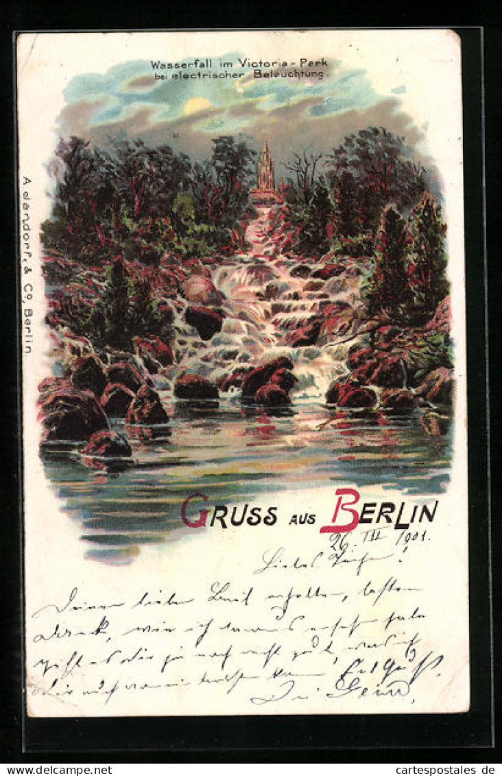 Lithographie Berlin-Kreuzberg, Wasserfall Im Viktoriapark Bei Elektrischer Beleuchtung  - Kreuzberg