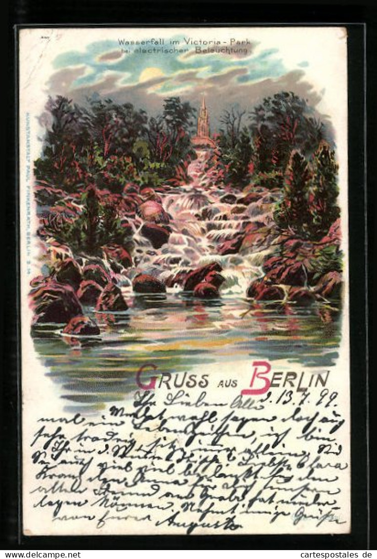 Lithographie Berlin-Kreuzberg, Wasserfall Im Viktoriapark Bei Elektrischer Beleuchtung  - Kreuzberg