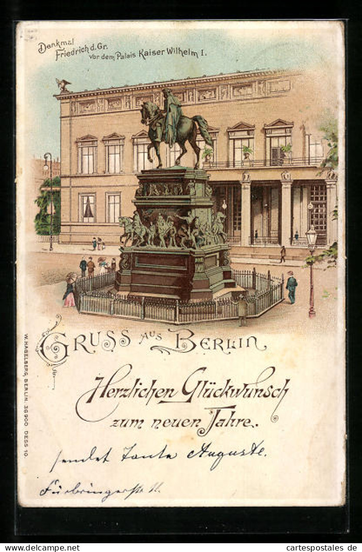 Lithographie Berlin, Denkmal Friedrich Der Grosse Vor Dem Palais Kaiser Wilhem I.  - Mitte