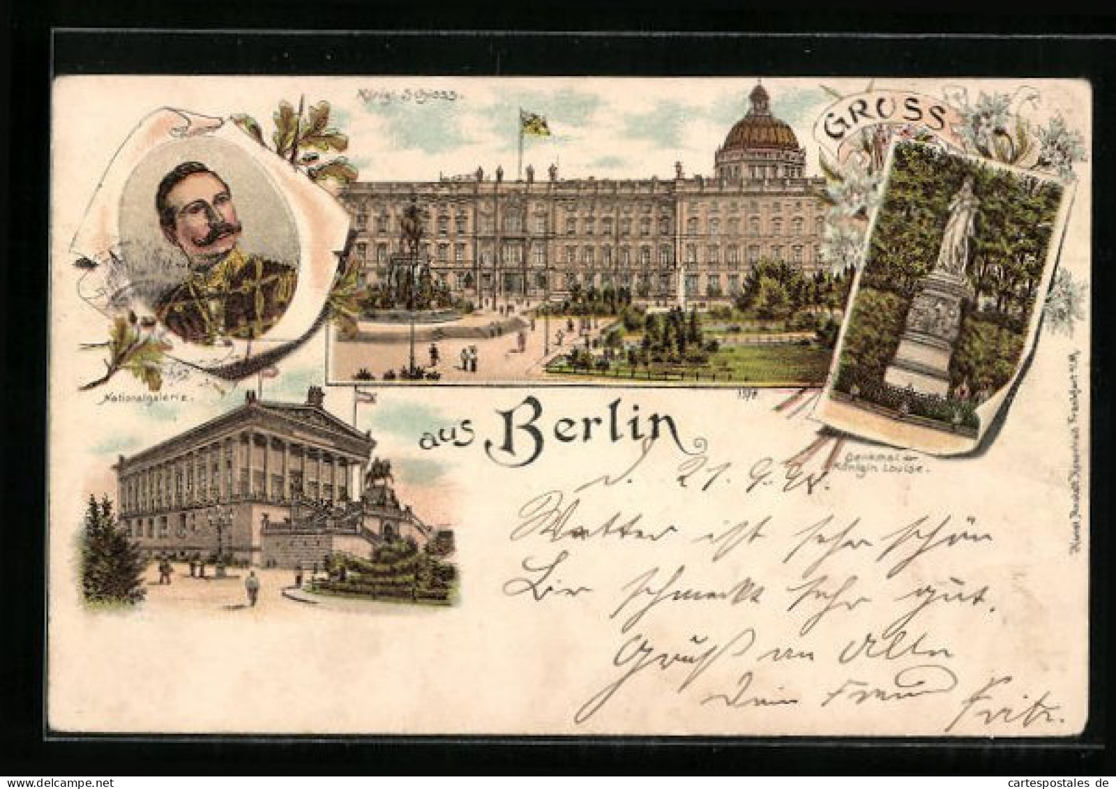 Lithographie Berlin, Königliches Schloss, Nationalgalerie, Denkmal Der Königin Louise, Bildnis Kaiser Wilhelm II.  - Mitte
