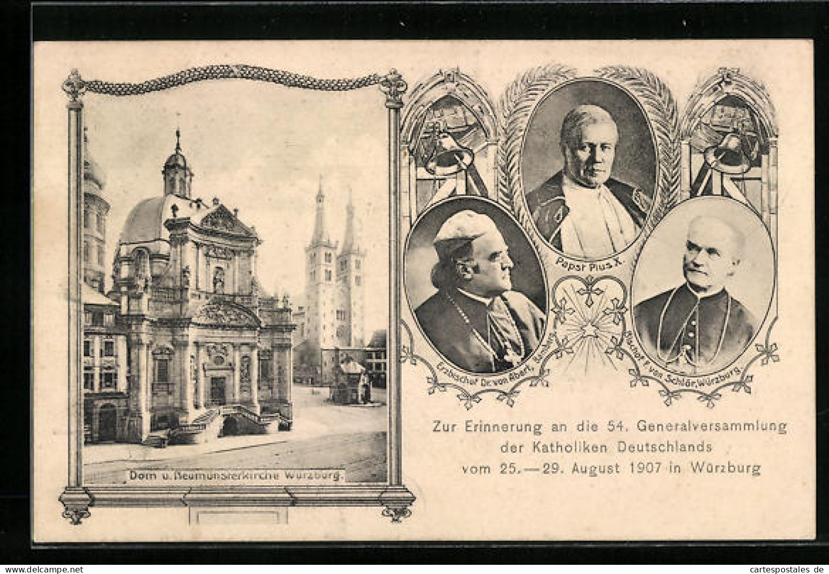 AK Würzburg, 54. Generalversammlung Der Katholiken Deutschlands 1907, Dom Und Neumünsterkirche, Papst Pius X.  - Autres & Non Classés