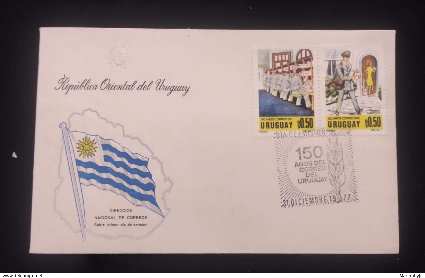 D)1977, URUGUAY, FIRST DAY COVER, ISSUE, CL ANNIVERSARY OF THE NATIONAL POSTAL SERVICE, ORDERING THE LETTERS, POSTMAN, F - Uruguay