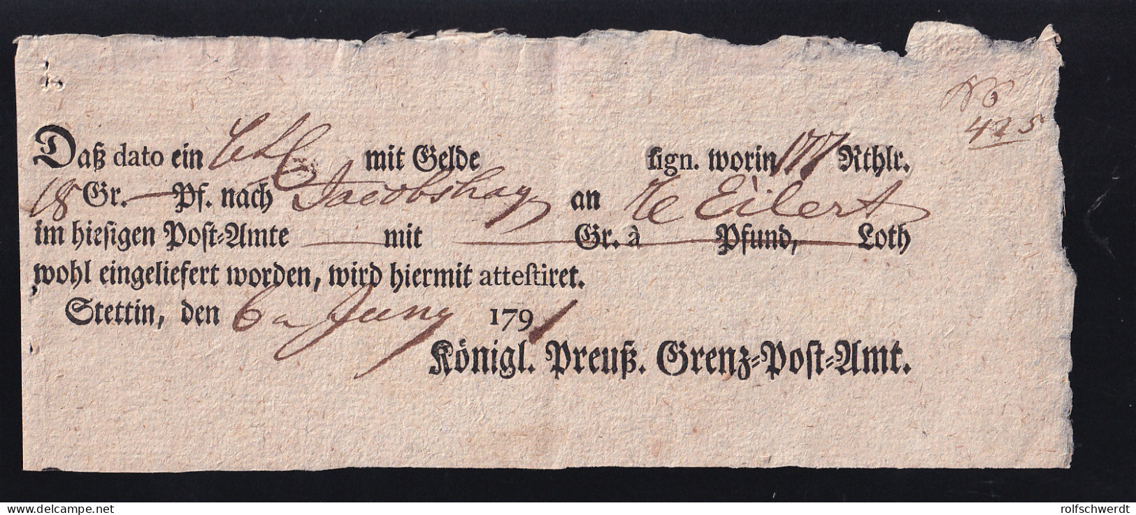 1791 Ortsdruck-Postschein Des Königl. Preuß. Grenz=Post=Amt Stettin - Vorphilatelie