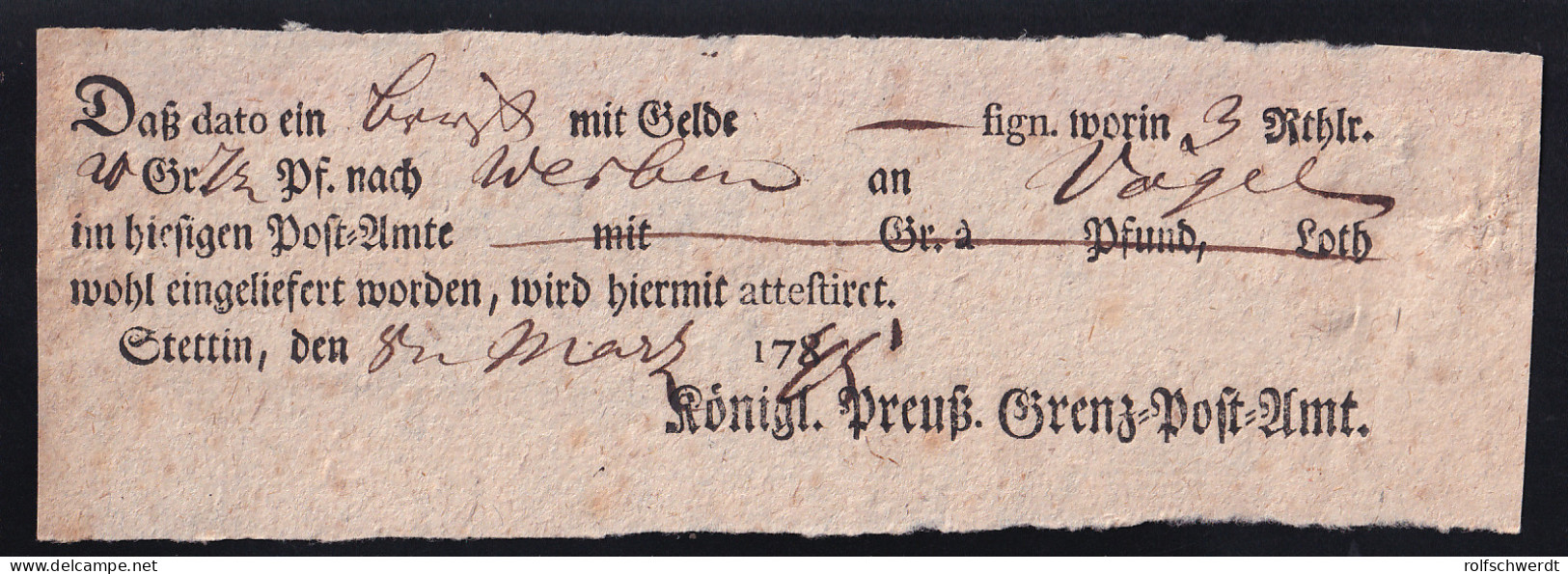 1795 Ortsdruck-Postschein Des Königl. Preuß. Grenz=Post=Amt Stettin - Vorphilatelie