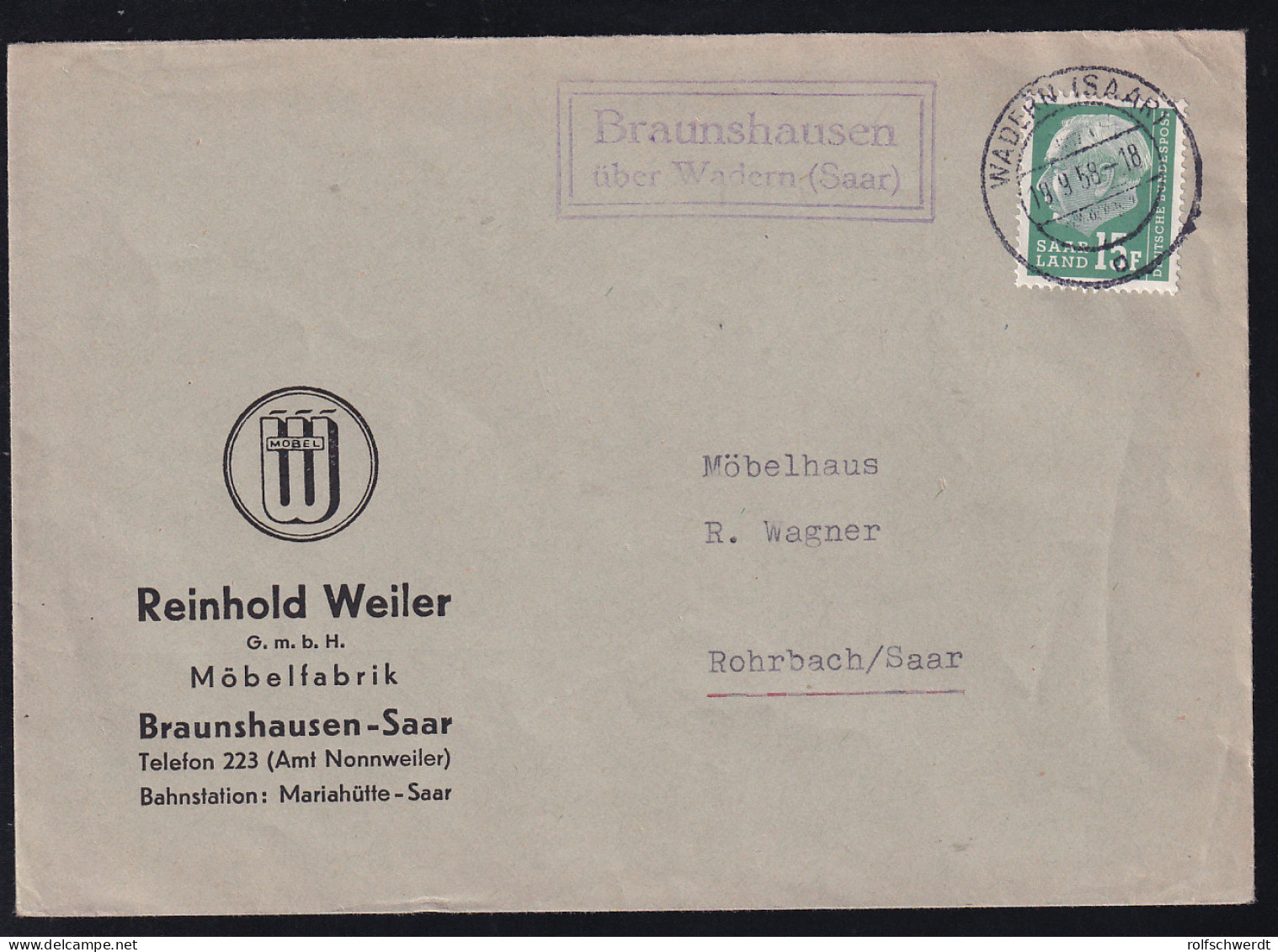 Theodor Heuss 15 F. Auf Firmenbrief (Möbelfabrik Braunshausen-Saar) Ab Wadern (Saar) 19.9.58 - Andere & Zonder Classificatie