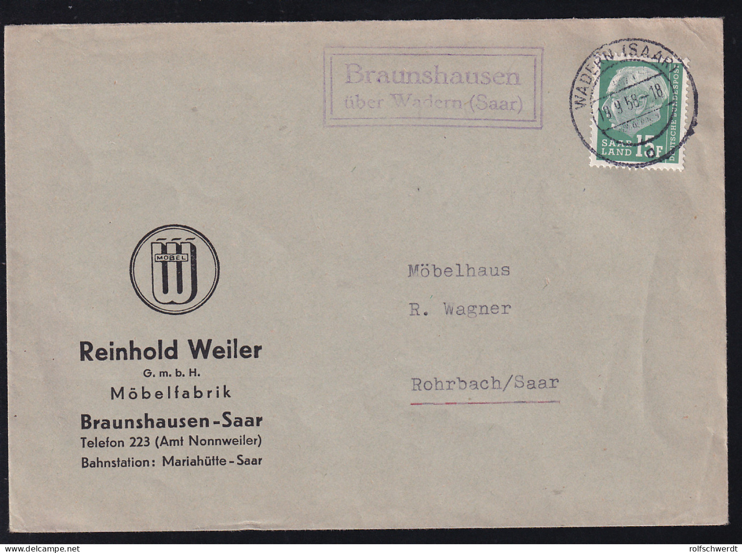 Theodor Heuss 15 F. Auf Firmenbrief (Möbelfabrik Braunshausen-Saar) Ab Wadern (Saar) 19.9.58 - Autres & Non Classés