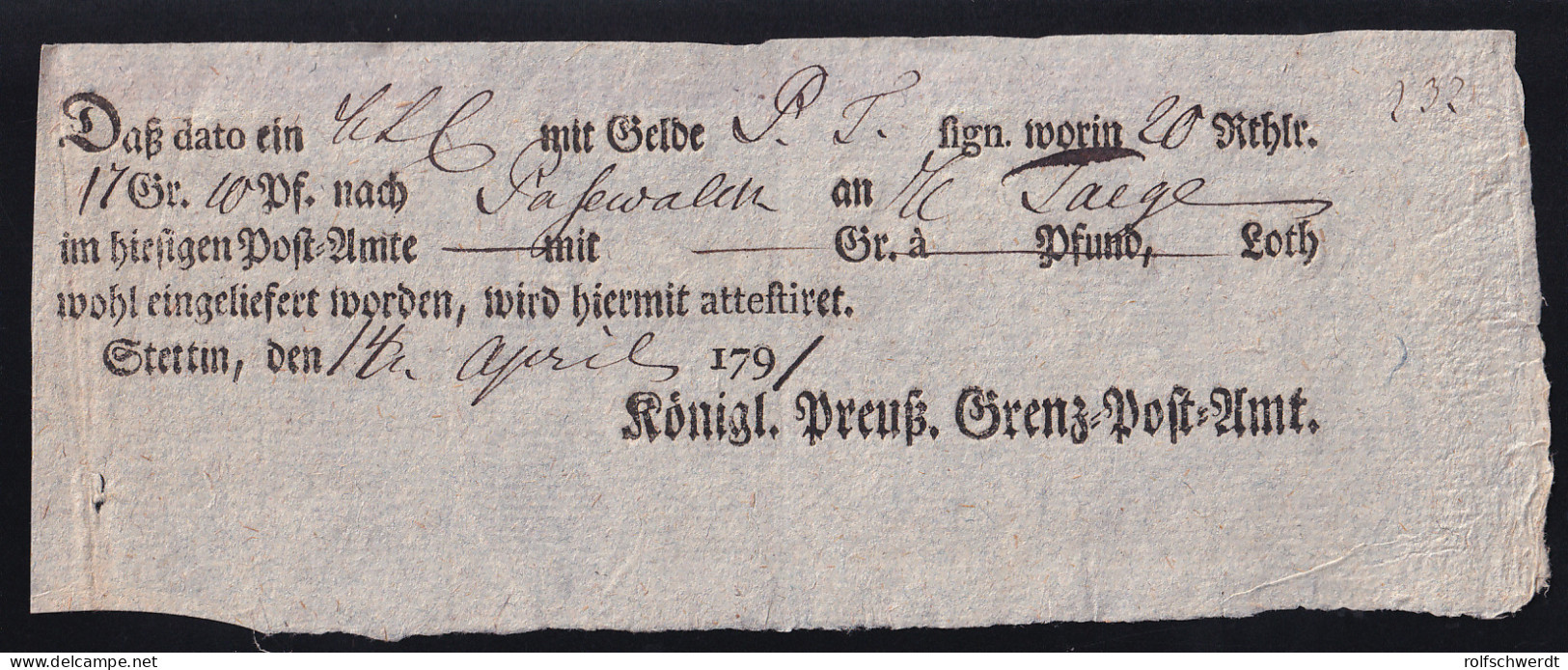 1791 Ortsdruck-Postschein Des Königl. Preuß. Grenz=Post=Amt Stettin - Vorphilatelie