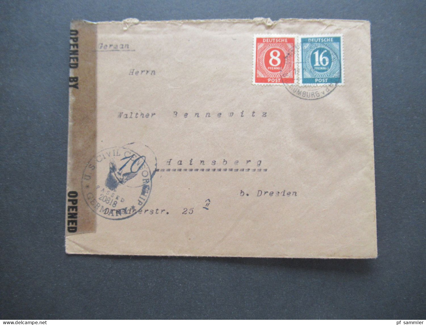 1946 Kontrollrat Ziffer MiF Tagesstempel Dornholzhausen Bad Homburg - SBZ Dresden Mit Zensurstempel Und Zensurstreifen - Covers & Documents