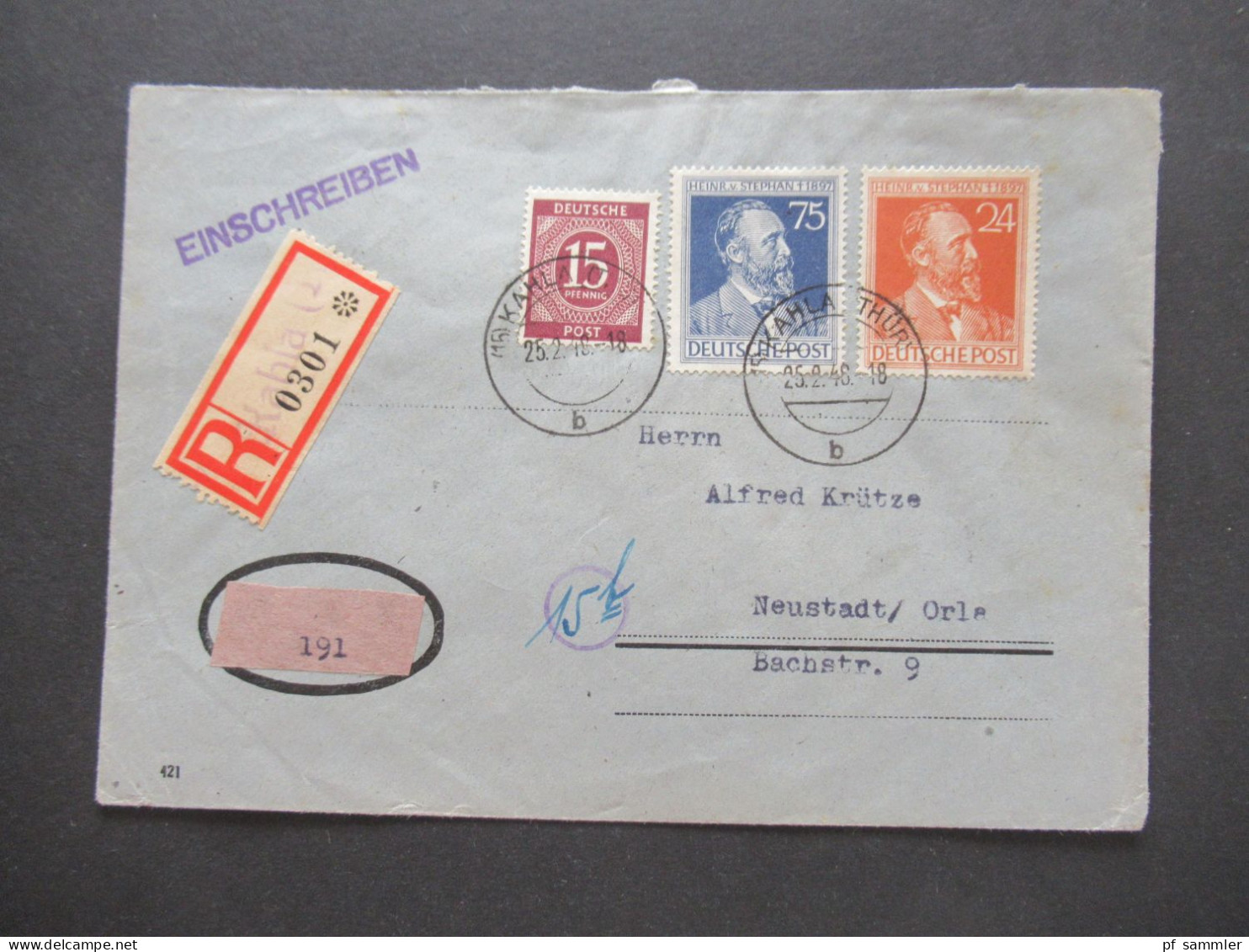 1948 Kontrollrat Ziffer MiF Mit Heinrich V. Stephan Verwendet In Der SBZ Einschreiben Not R-Zettel Kahla - Neustadt Orla - Storia Postale