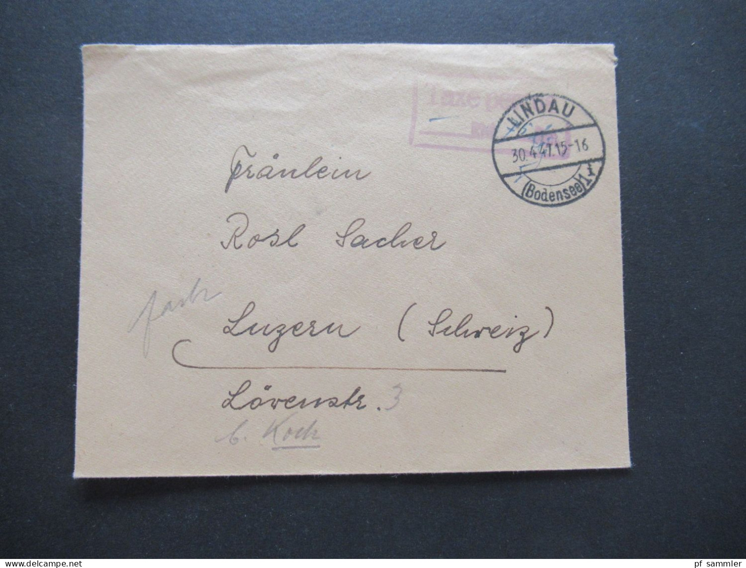 1947 Französische Zone Stp. Lindau Bodensee Und Violetter Ra2 Taxe Percue Auslandsbrief Nach Luzern Schweiz / Gebühr Bez - Emisiones Generales