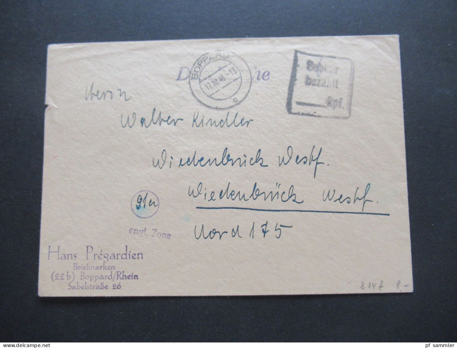 1946 Französische Zone Tagesstempel Boppard Und Schwarzer Ra3 Gebühr Bezahlt 6 Drucksache Nach Wiedenbrück Westf. - General Issues