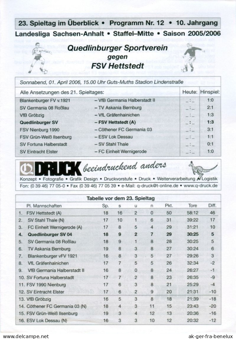 Fußball-Programm PRG Quedlinburger SV 04 Vs FSV Hettstedt 1. 4. 2006 Quedlinburg Motor Empor BSG Stahl Sachsen-Anhalt - Programme